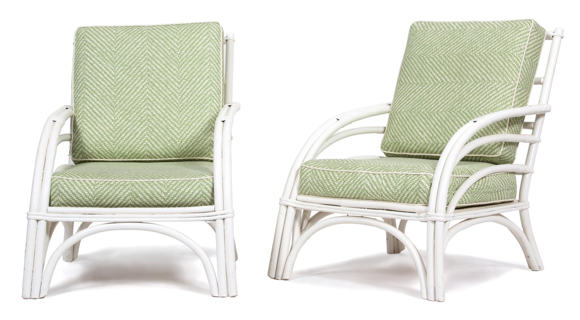 A Group of White Painted Rattan Furniture Length of sofa 75 inches. — 20TH CENTURY