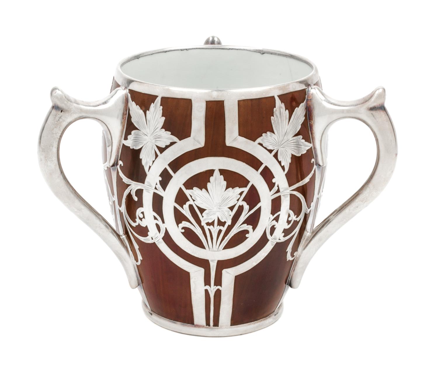 A Silver Overlay Porcelain Loving Cup Height 5 1/8 inches.