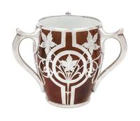 A Silver Overlay Porcelain Loving Cup Height 5 1/8 inches.