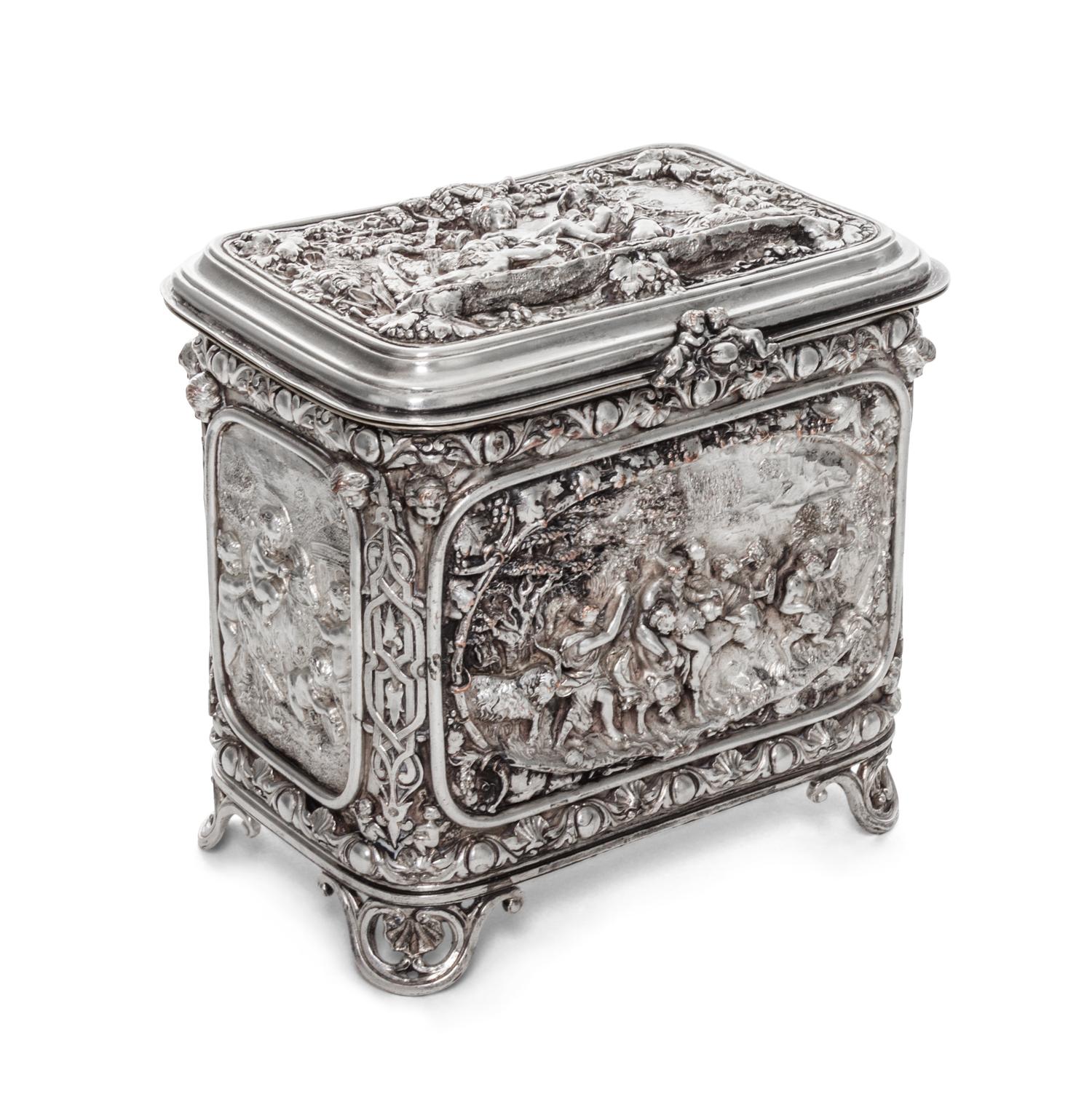 A Continental Silver-Plate Table Casket, 19th/20th Century, of rectangular form, decorated with Bacchic processions.