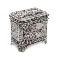 A Continental Silver-Plate Table Casket, 19th/20th Century, of rectangular form, decorated with Bacchic processions.
