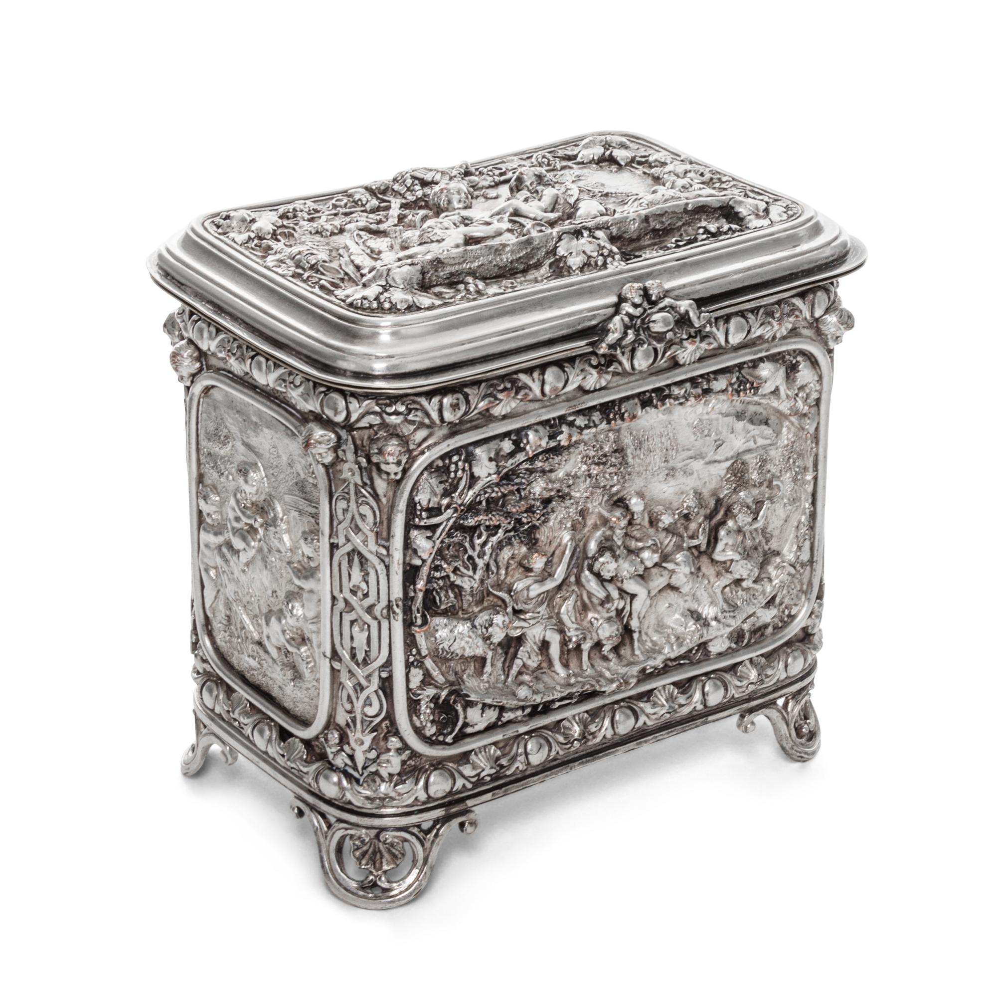 A Continental Silver-Plate Table Casket, 19th/20th Century, of rectangular form, decorated with Bacchic processions.