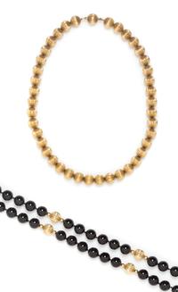 A Collection of 14 Karat Yellow Gold and Bead Necklace, 77.50 dwts.