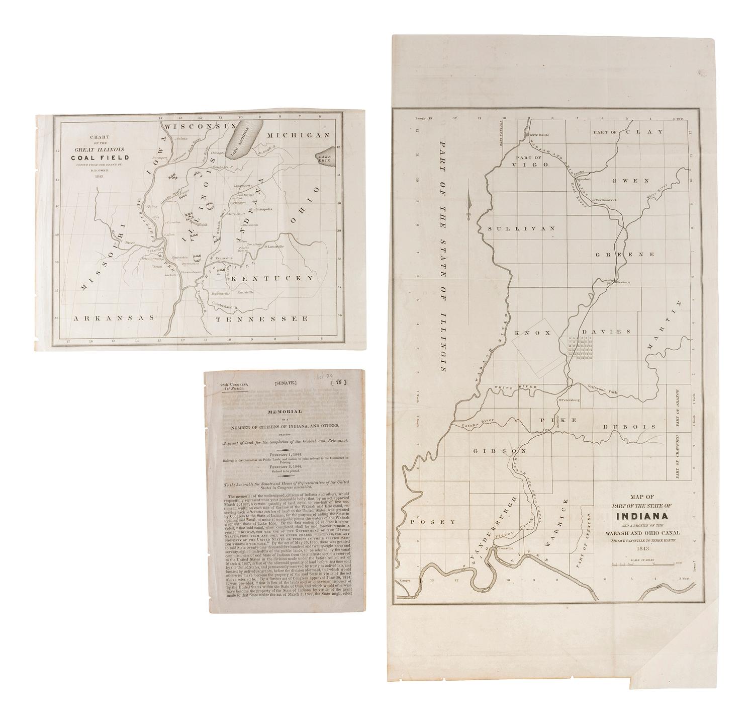 [TRANSPORTATION] -- [CANALS]. A group of maps and pamphlets related to early 19th-century Midwest transportation routes including a Map and Profile of the Proposed Route for the Michigan and Illinois Canal.