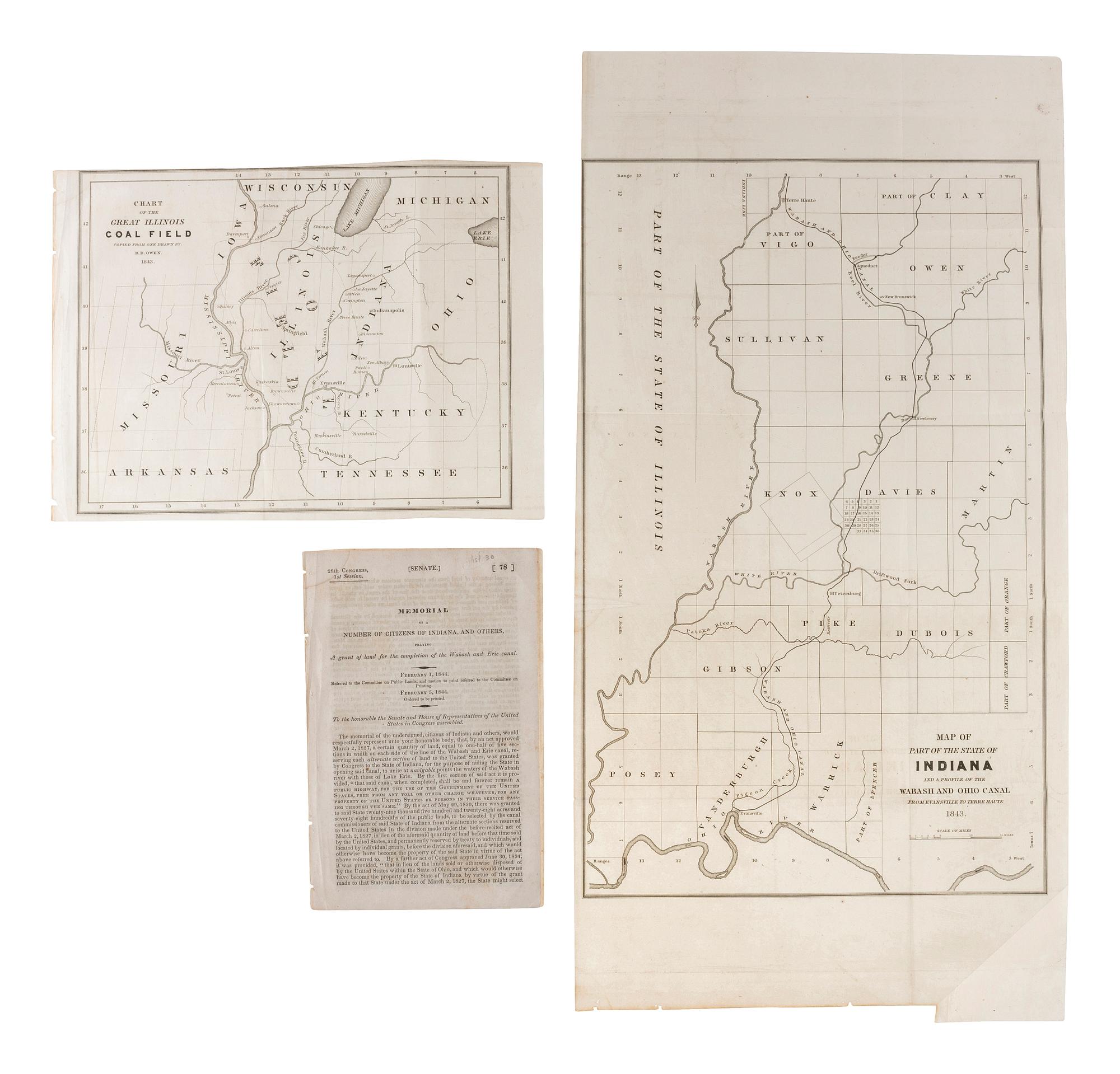 [TRANSPORTATION] -- [CANALS]. A group of maps and pamphlets related to early 19th-century Midwest transportation routes including a Map and Profile of the Proposed Route for the Michigan and Illinois Canal.