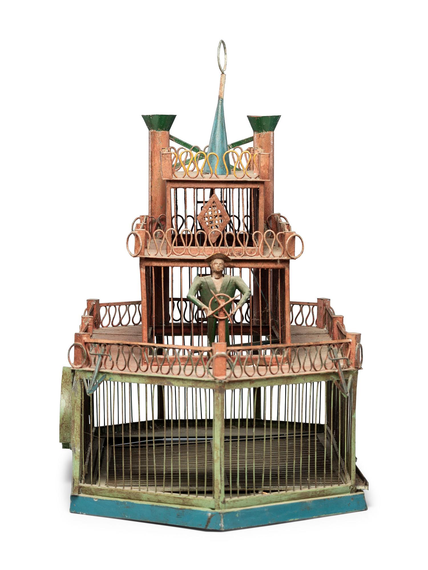 A Painted Sheet Metal and Wire Steamboat Form Birdcage