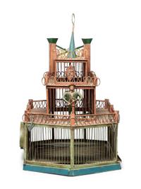 A Painted Sheet Metal and Wire Steamboat Form Birdcage
