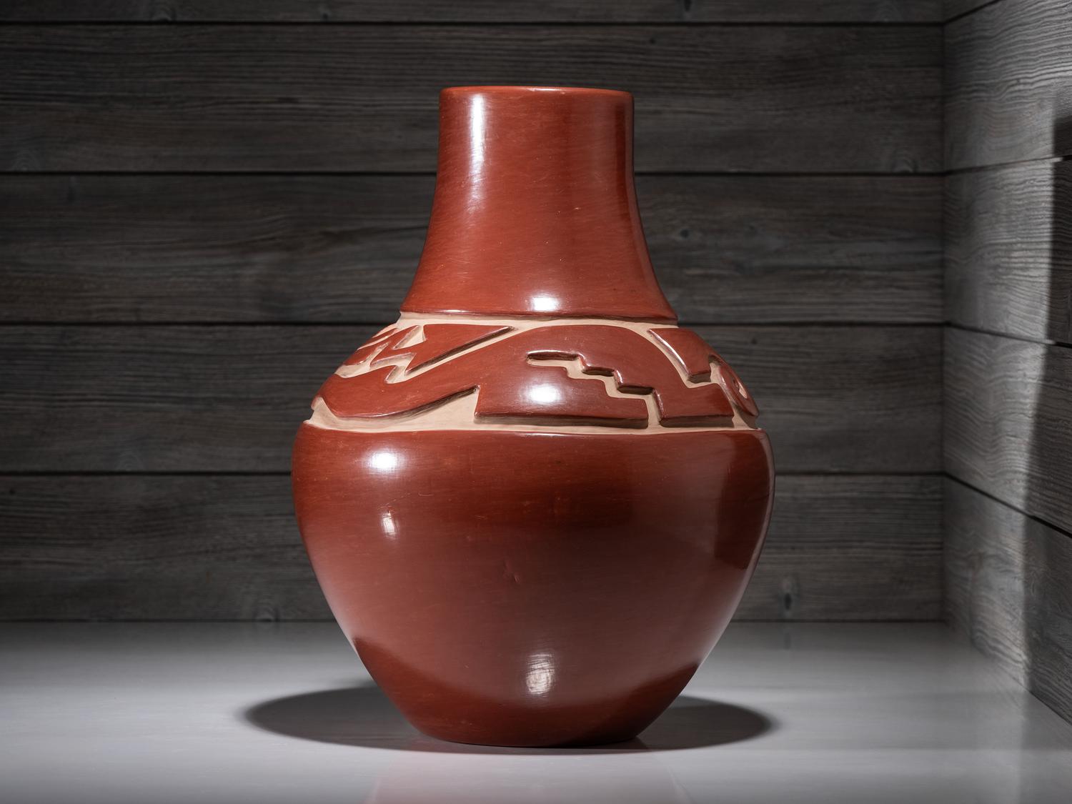 Carved Redware Pottery Vase, with Avanyu