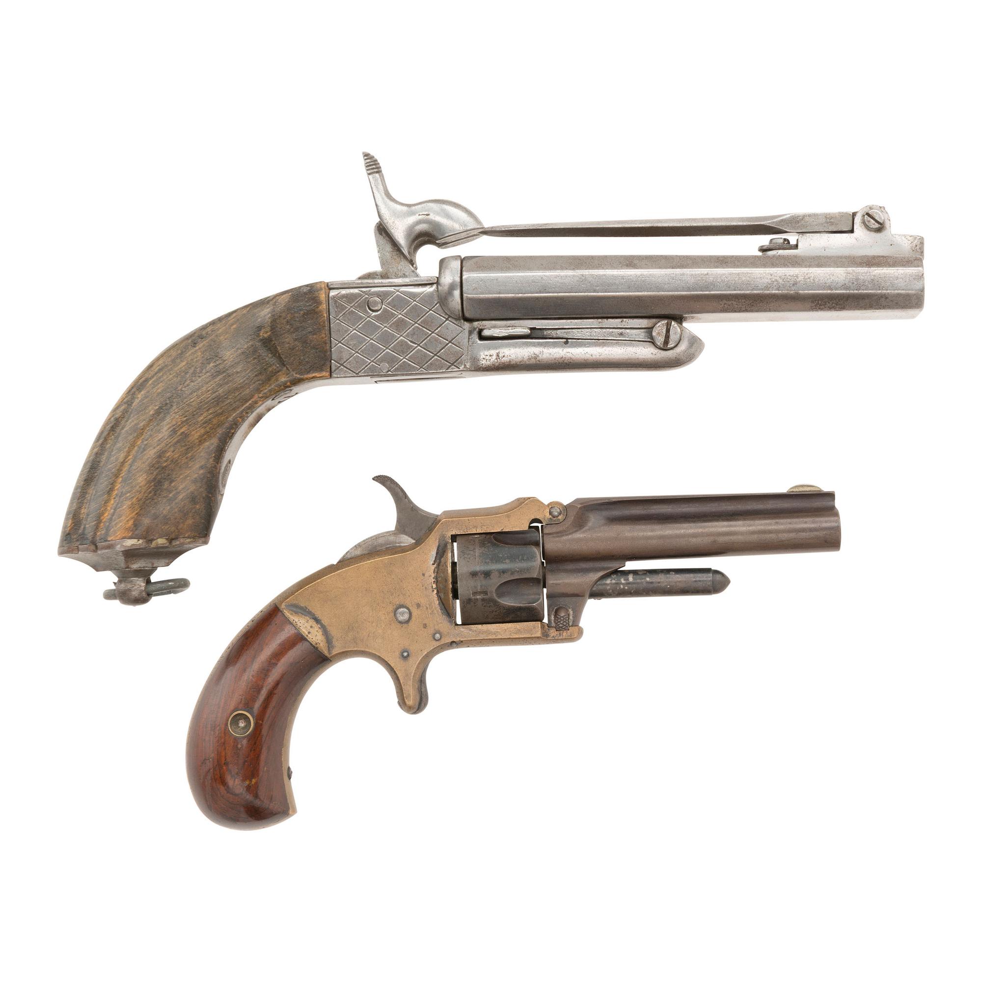 Two Antique Pistols: Unmarked Brass Frame Tip-Up Revolver and Double Barrel Pin Fire Pistol with Folding Bayonet
