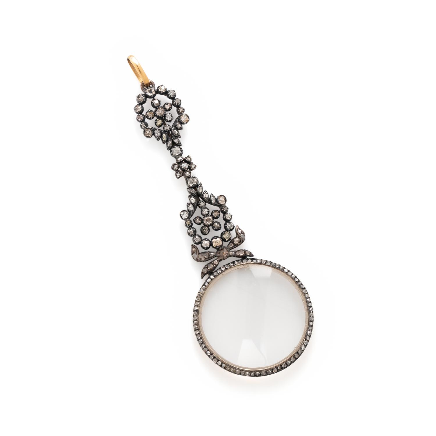 FRENCH, ANTIQUE, SILVER-TOPPED GOLD AND DIAMOND MAGNIFYING GLASS