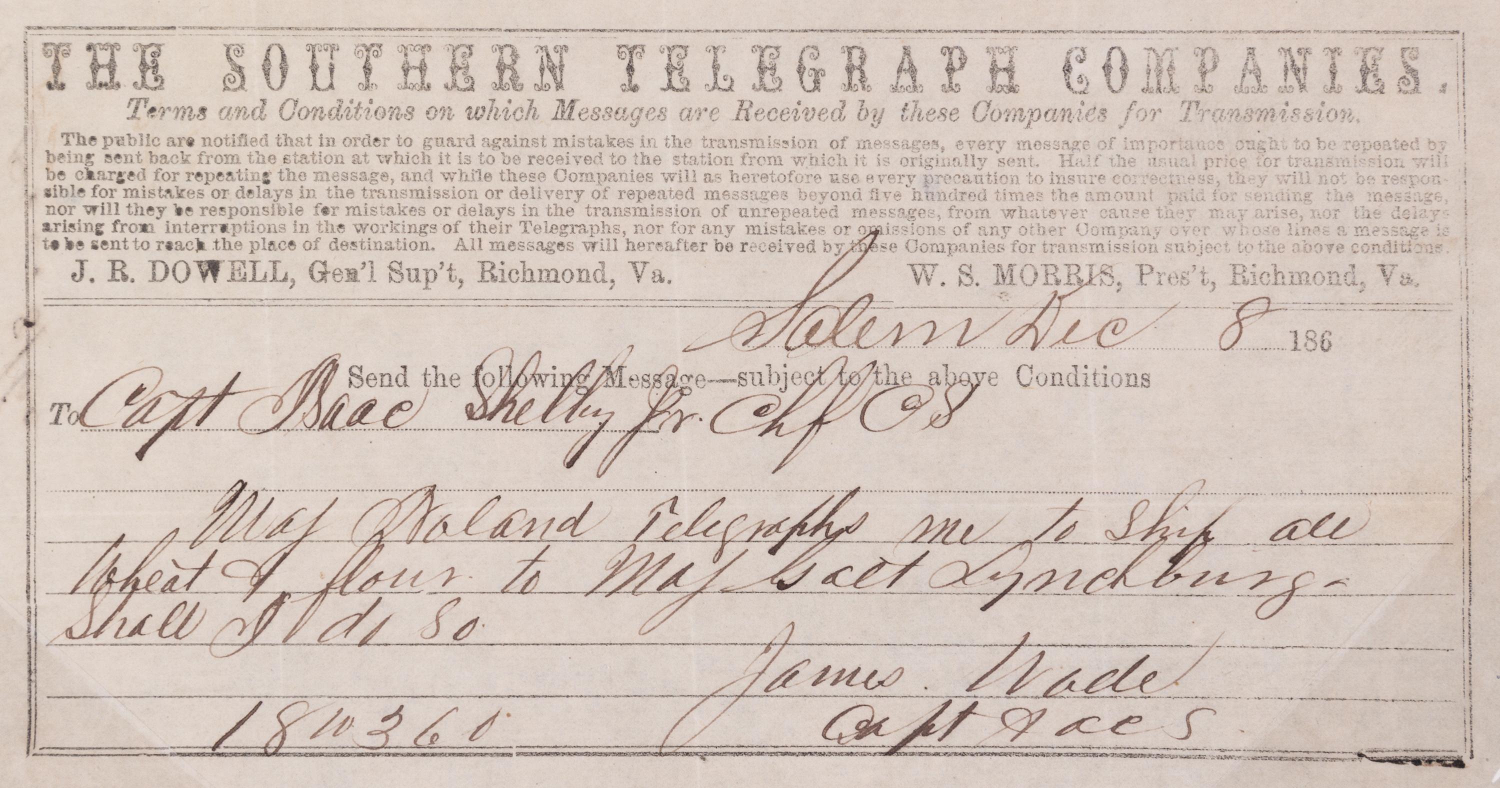 (CIVIL WAR) 12 telegrams from various generals, captains, and majors from March 1862 to Dec. 1864.