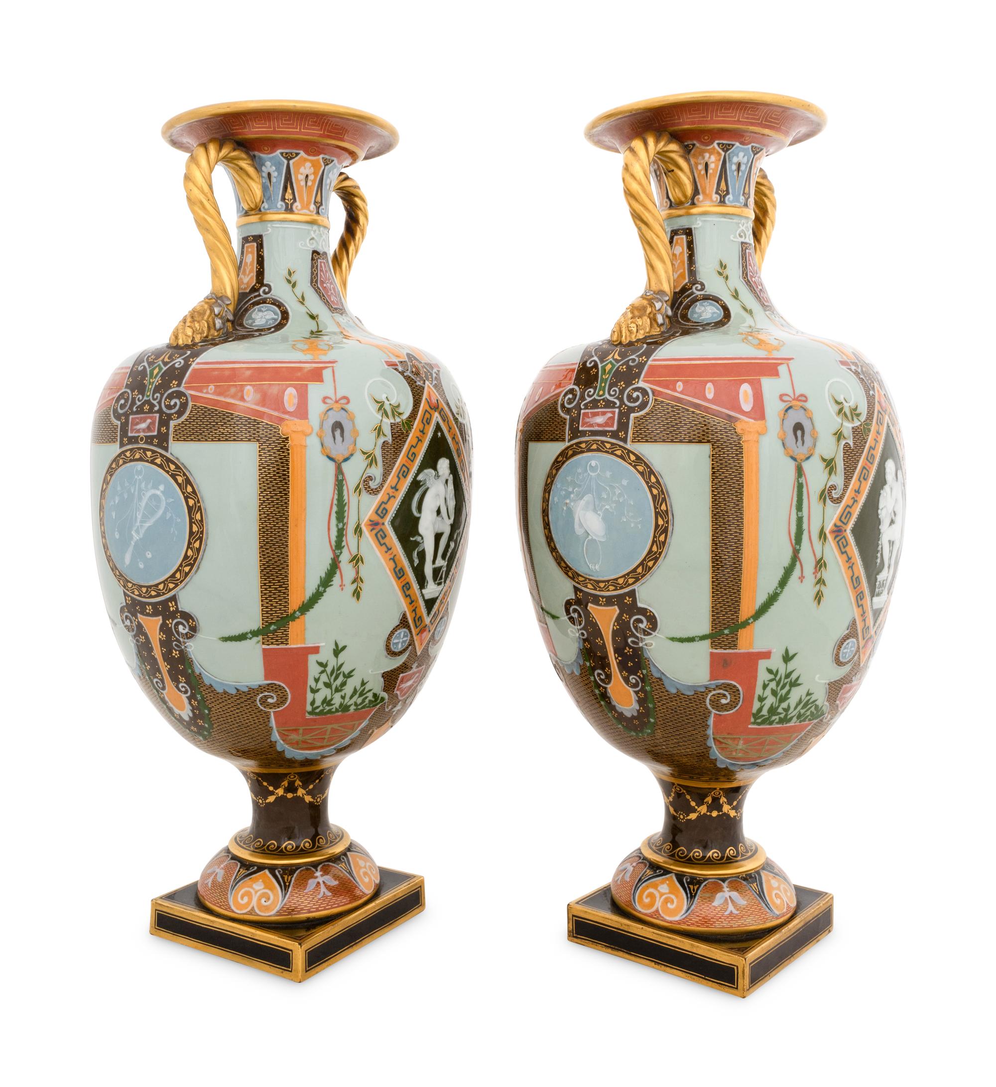 A Fine Pair of Mintons Pâte-sur-Pâte Celadon-Ground Exhibition Vases