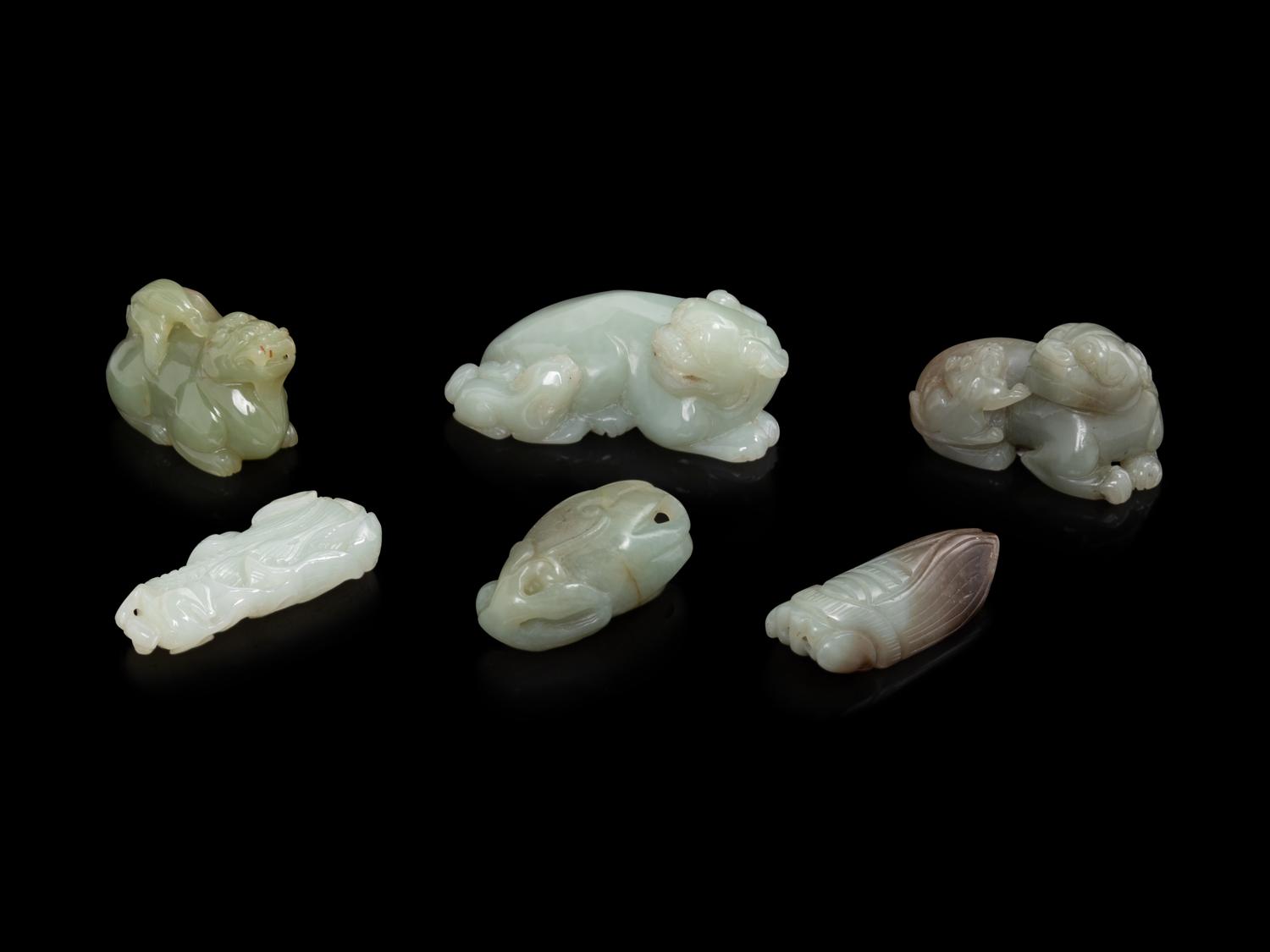 Six Chinese Celadon and Russet Jade Articles