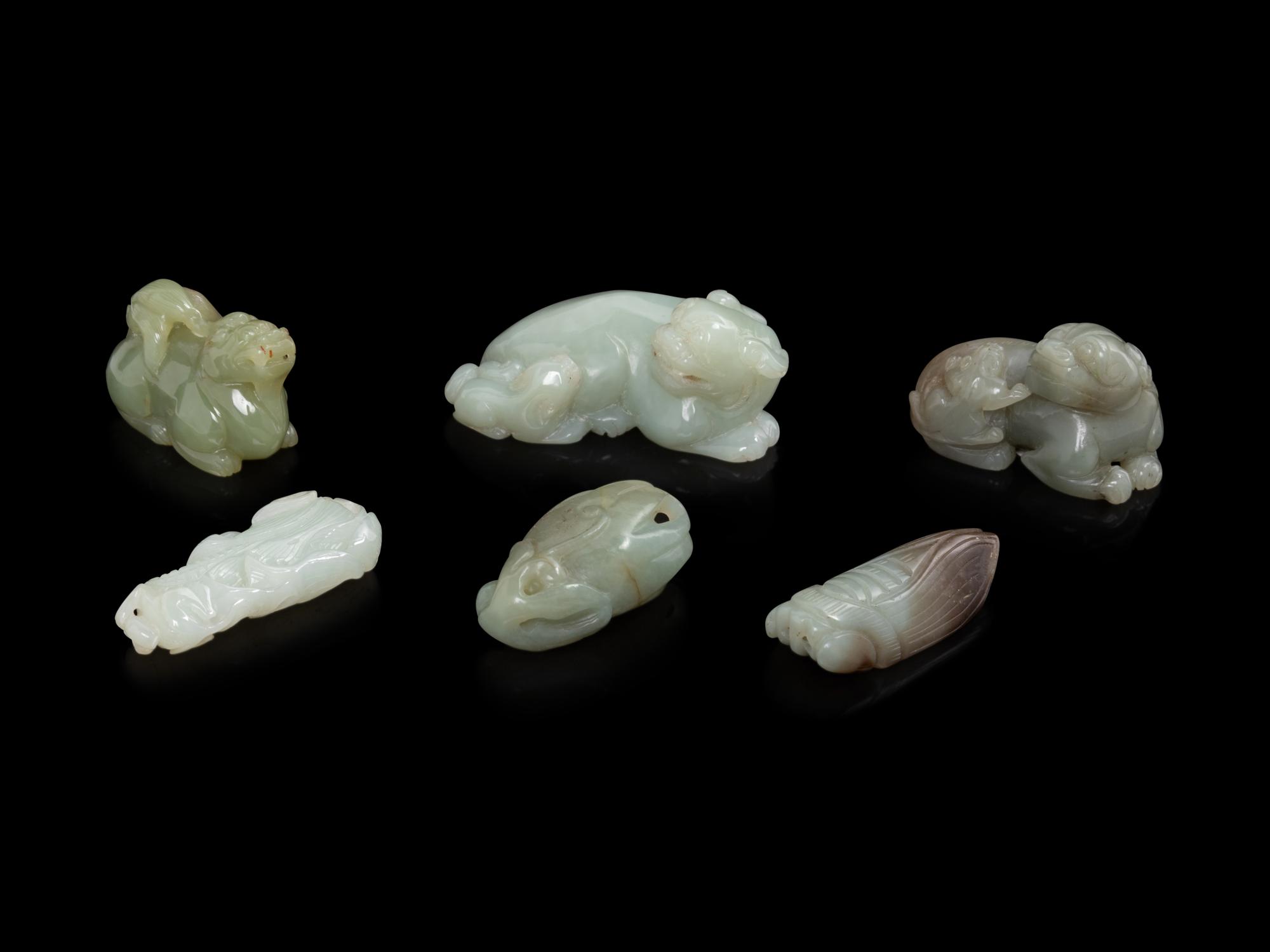 Six Chinese Celadon and Russet Jade Articles
