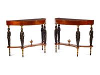 A Pair of Italian Neoclassical Painted and Parcel Gilt Mahogany Marble-Top Console Tables