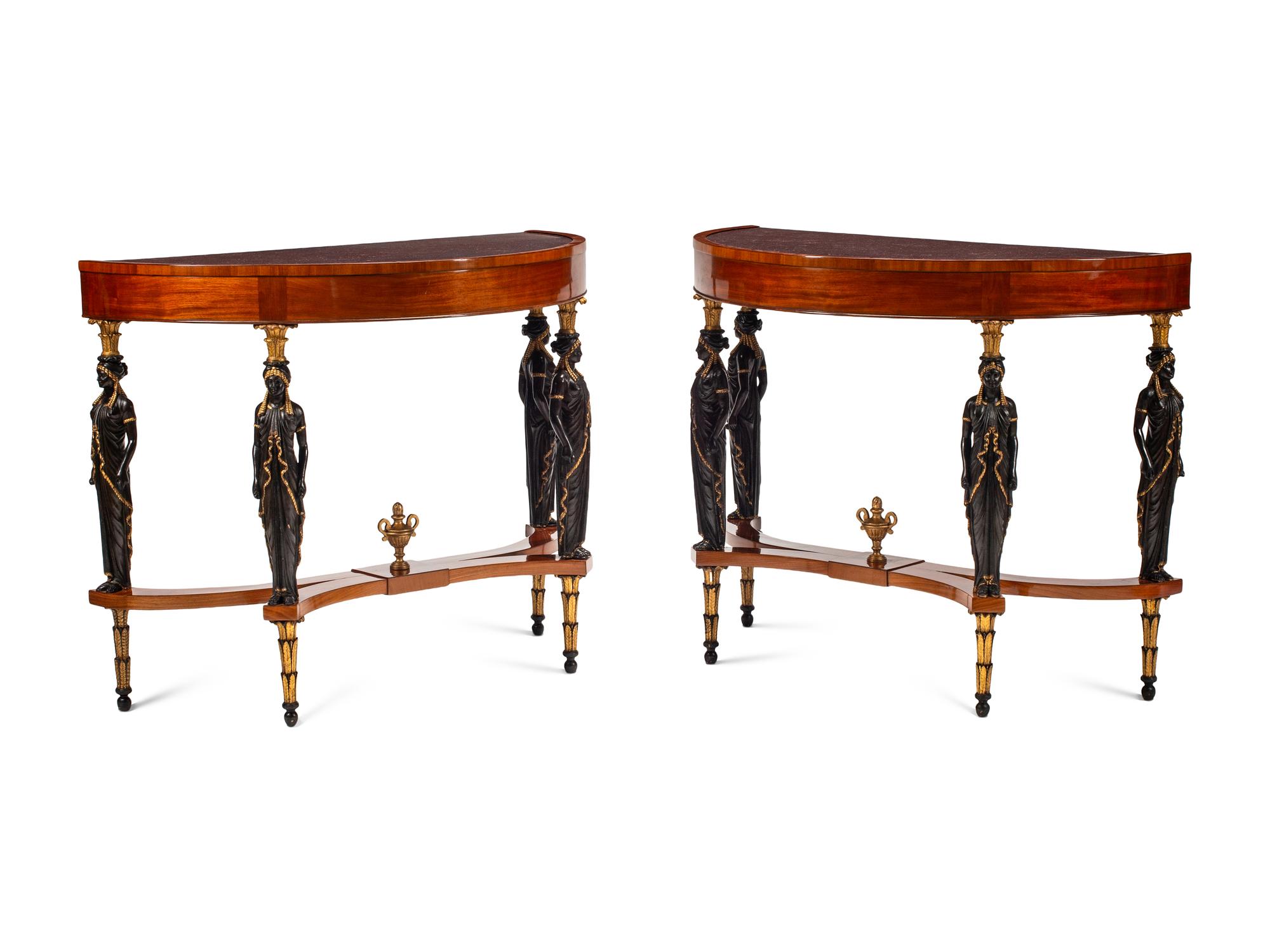 A Pair of Italian Neoclassical Painted and Parcel Gilt Mahogany Marble-Top Console Tables