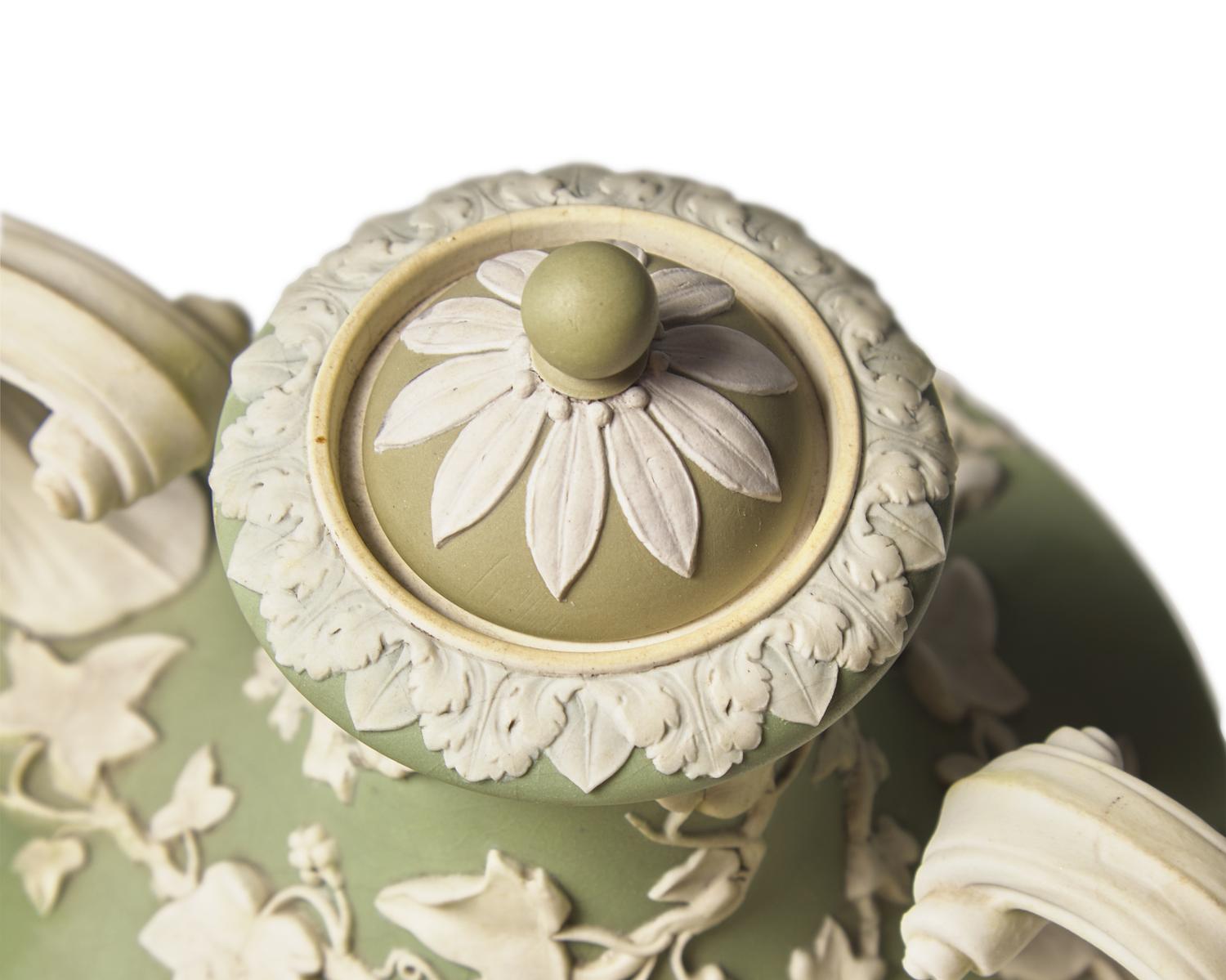 A Pair of Wedgwood Sage and Lilac Jasperware Twin Handled Urns