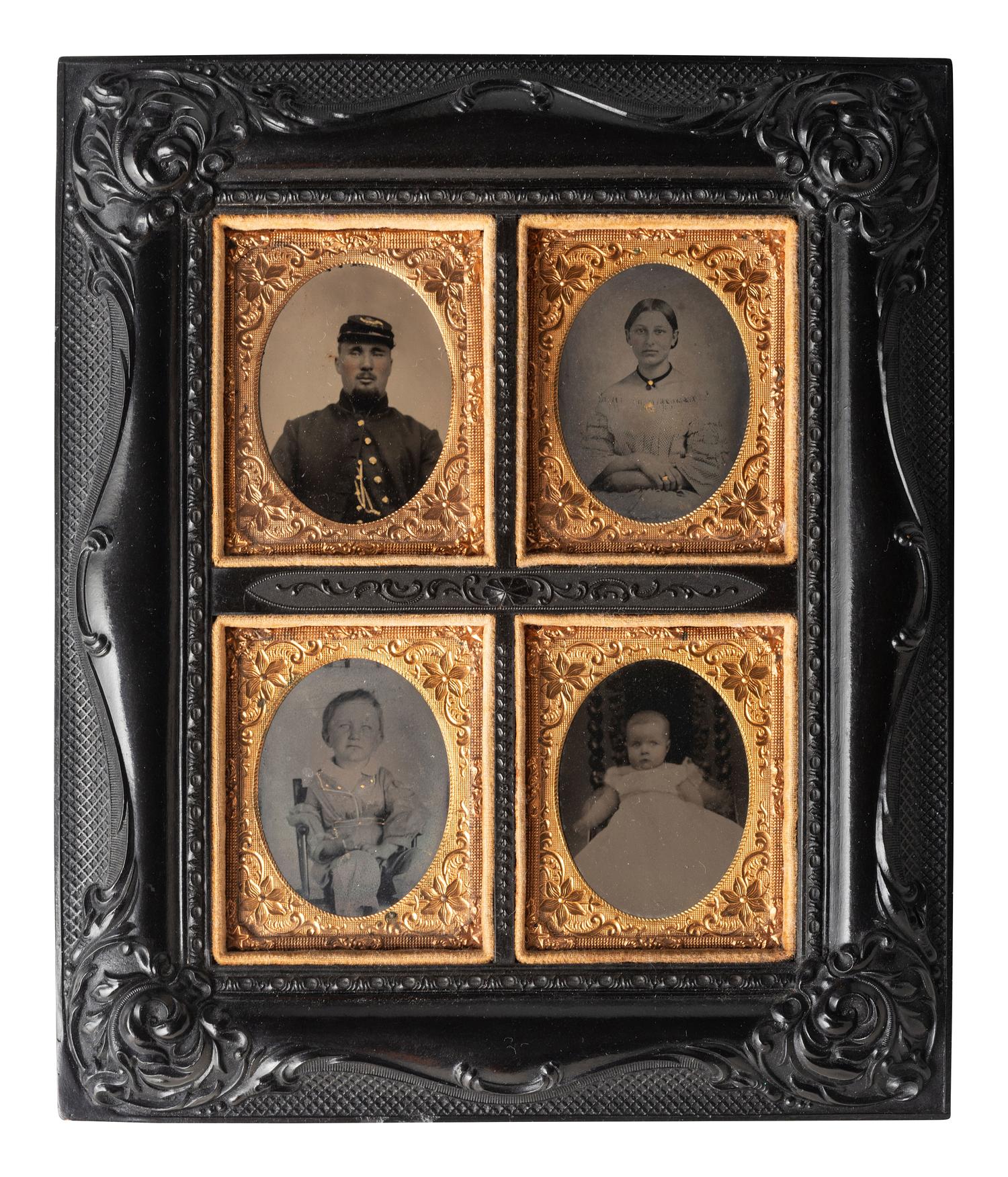 [CIVIL WAR]. 2 tintype portraits of Union infantrymen housed in displays with women and children.