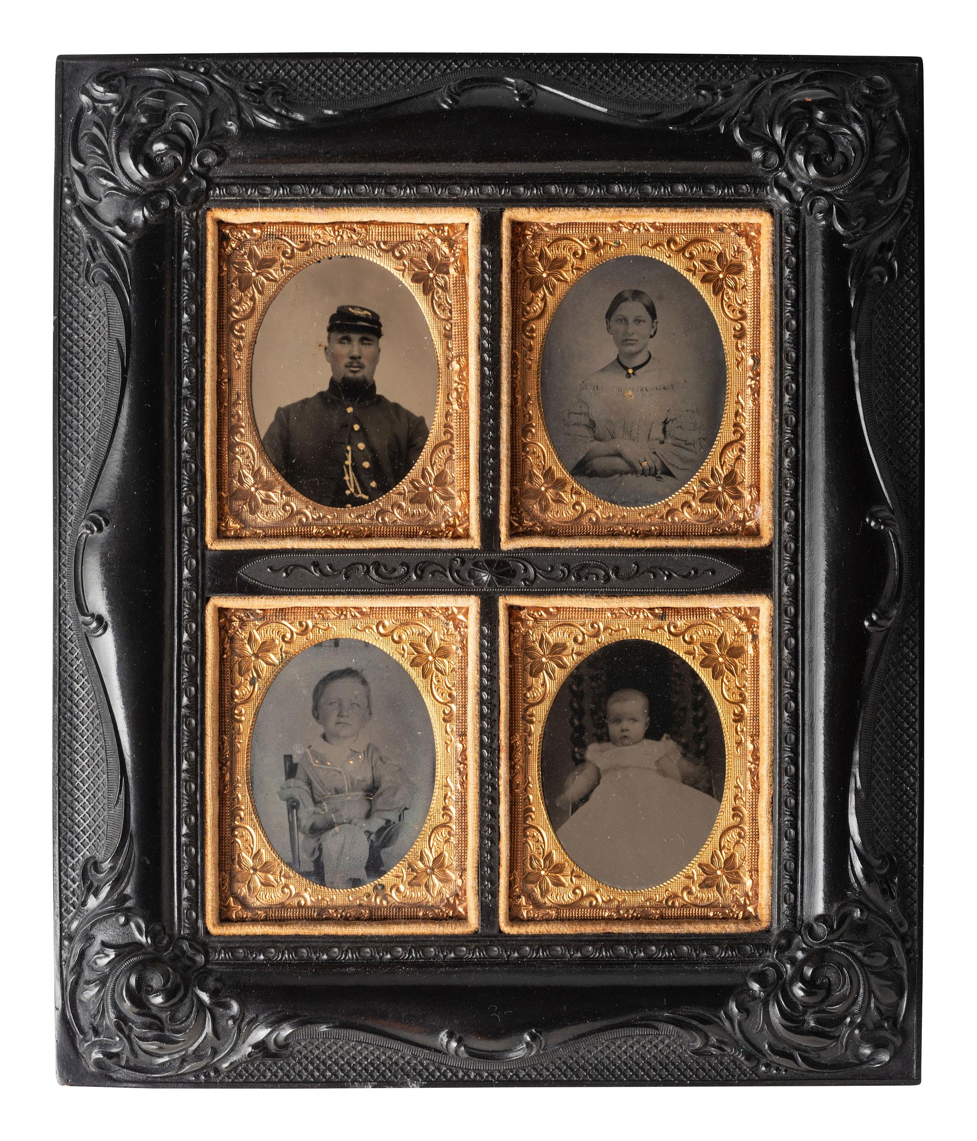 [CIVIL WAR]. 2 tintype portraits of Union infantrymen housed in displays with women and children.