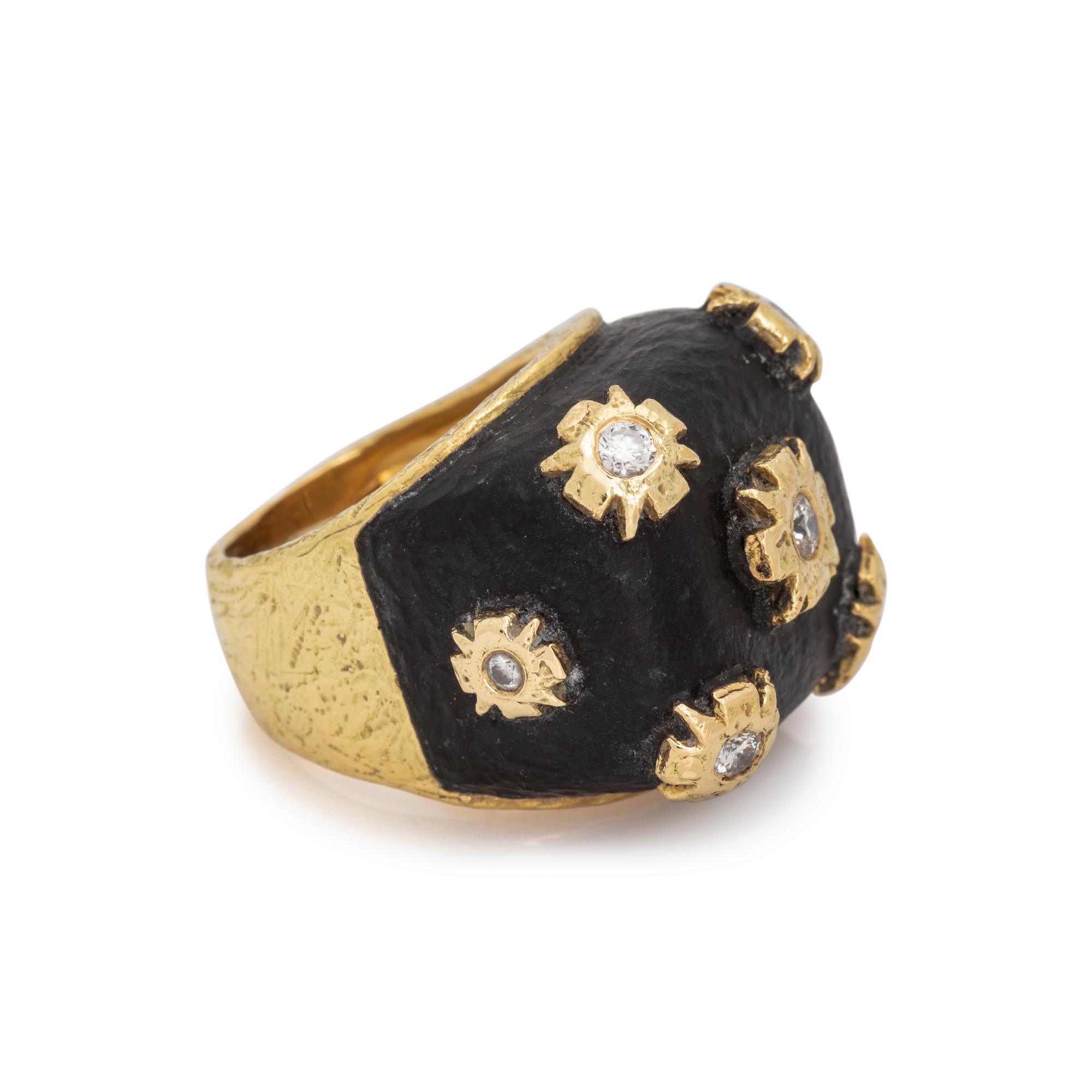 KATY BRISCOE, YELLOW GOLD, JET AND DIAMOND 'DIEZ' RING