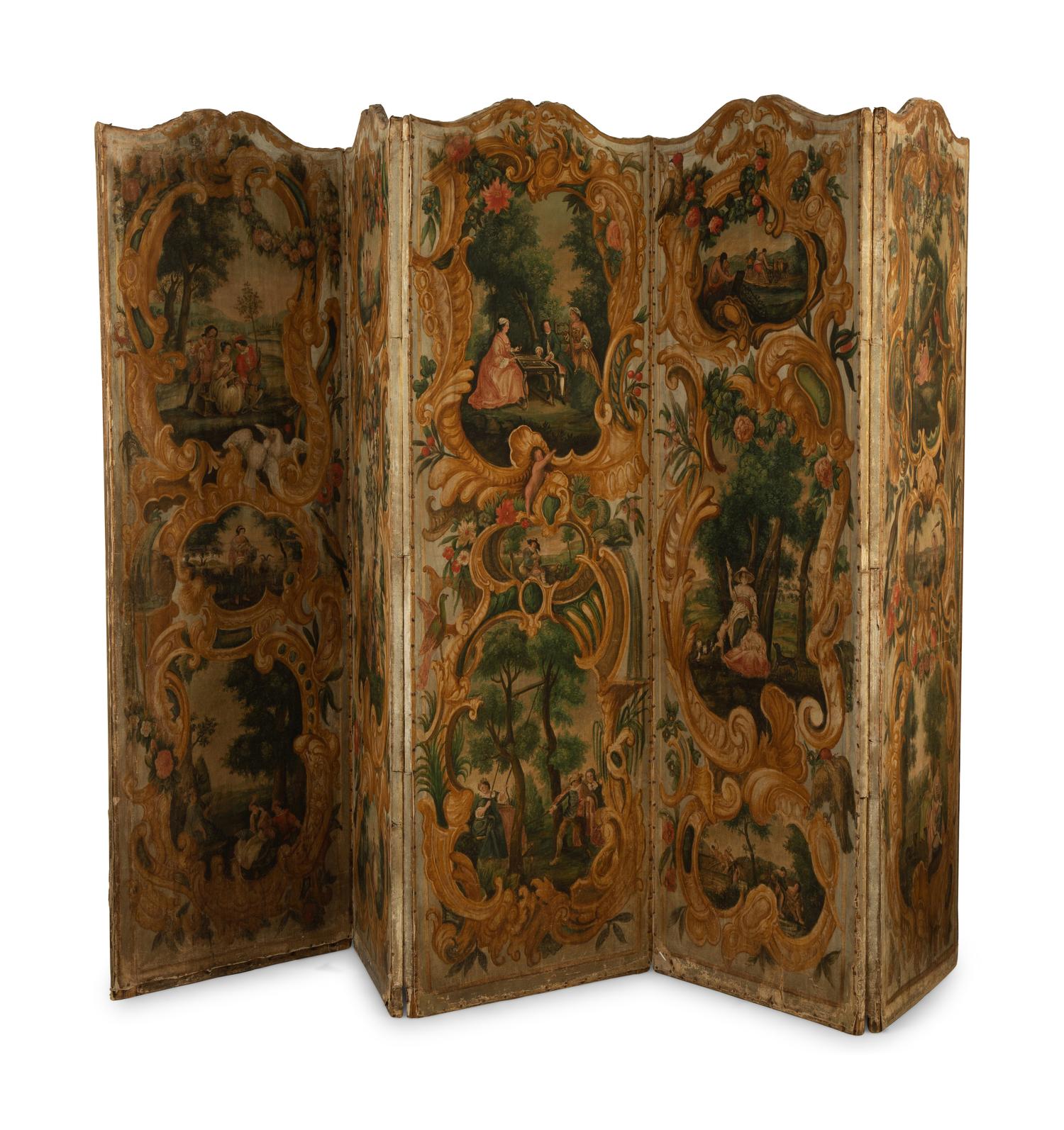 A French Five-Panel Hand Painted Canvas Floor Screen — 18TH CENTURY