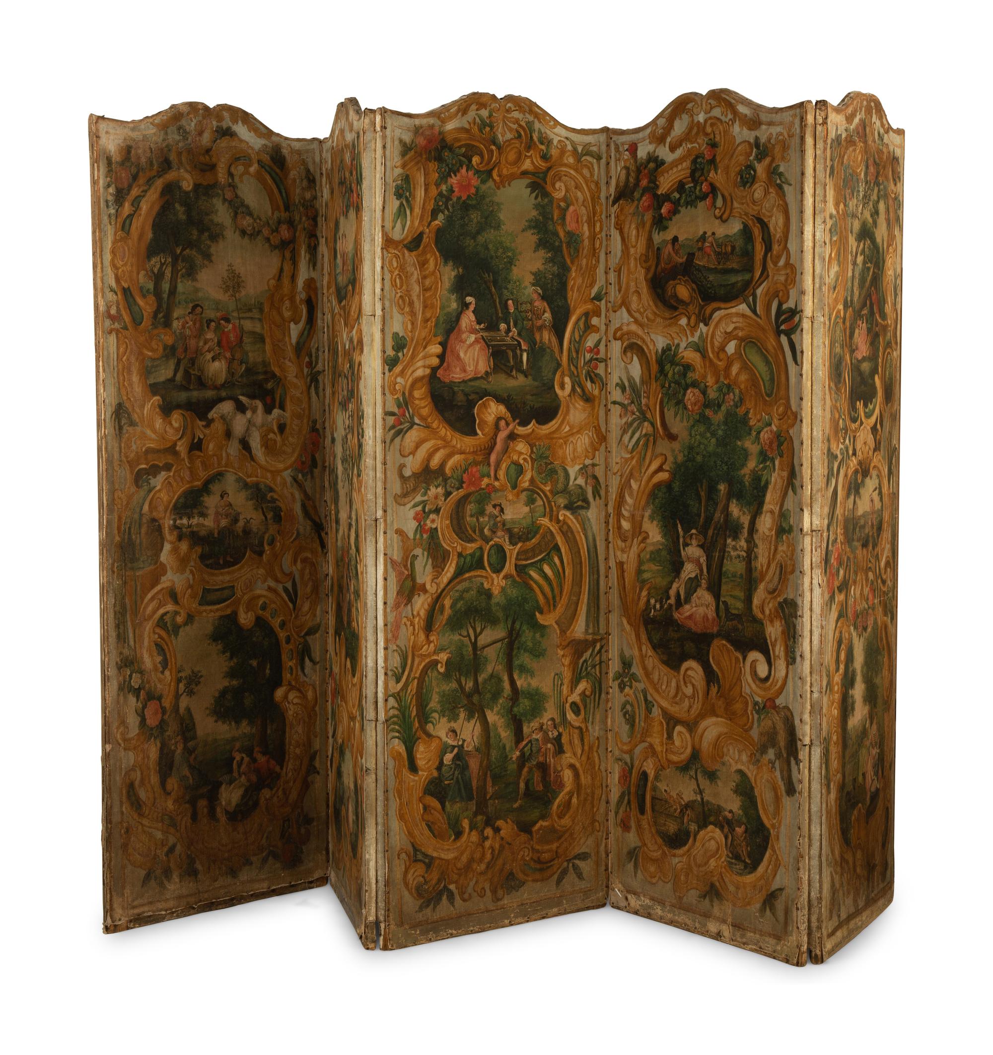A French Five-Panel Hand Painted Canvas Floor Screen — 18TH CENTURY