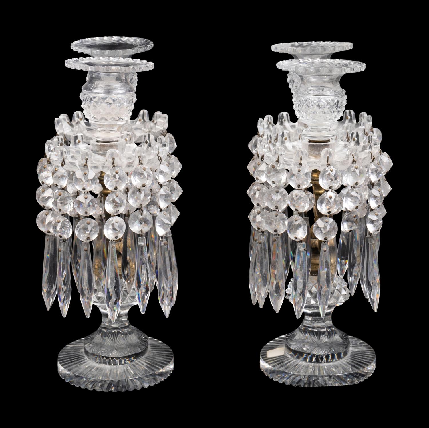 A Pair of Continental Gilt Metal and Cut Glass Two-Light Candelabra