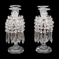 A Pair of Continental Gilt Metal and Cut Glass Two-Light Candelabra