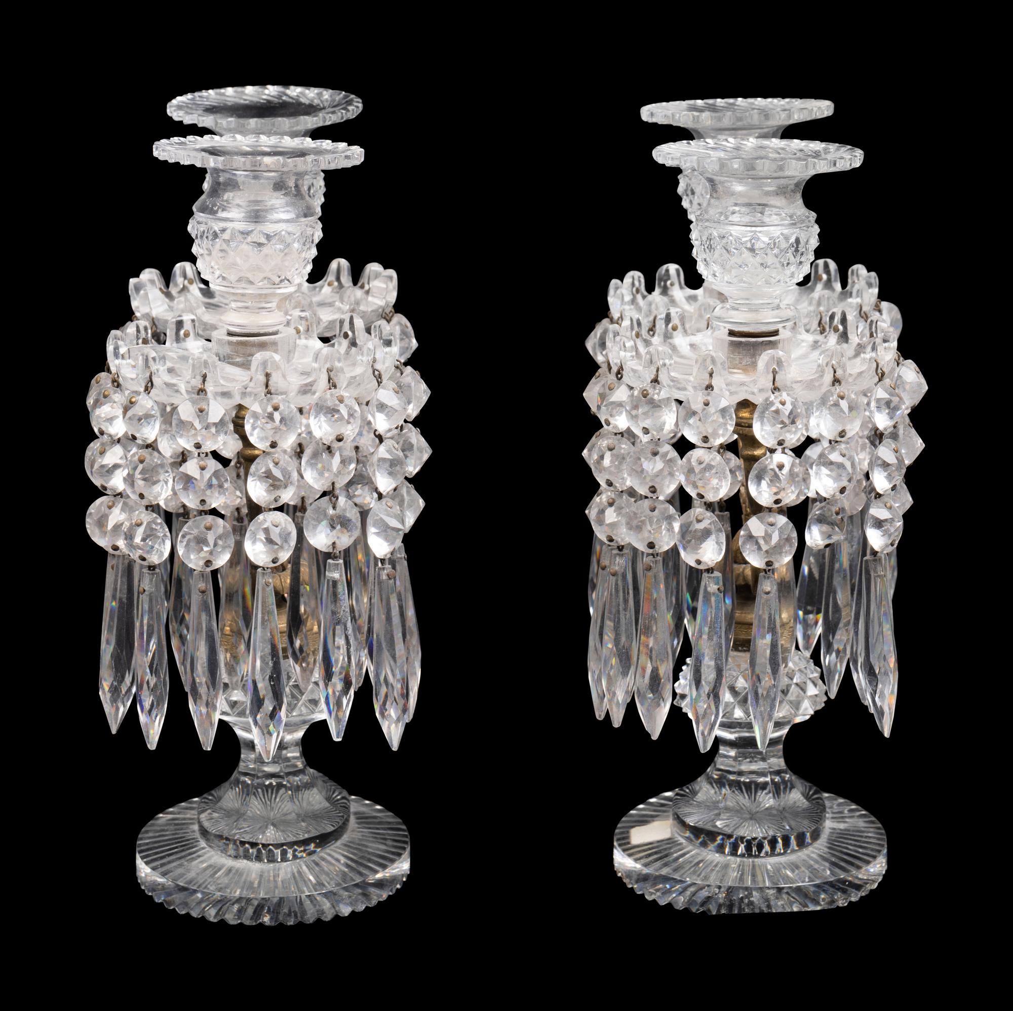 A Pair of Continental Gilt Metal and Cut Glass Two-Light Candelabra