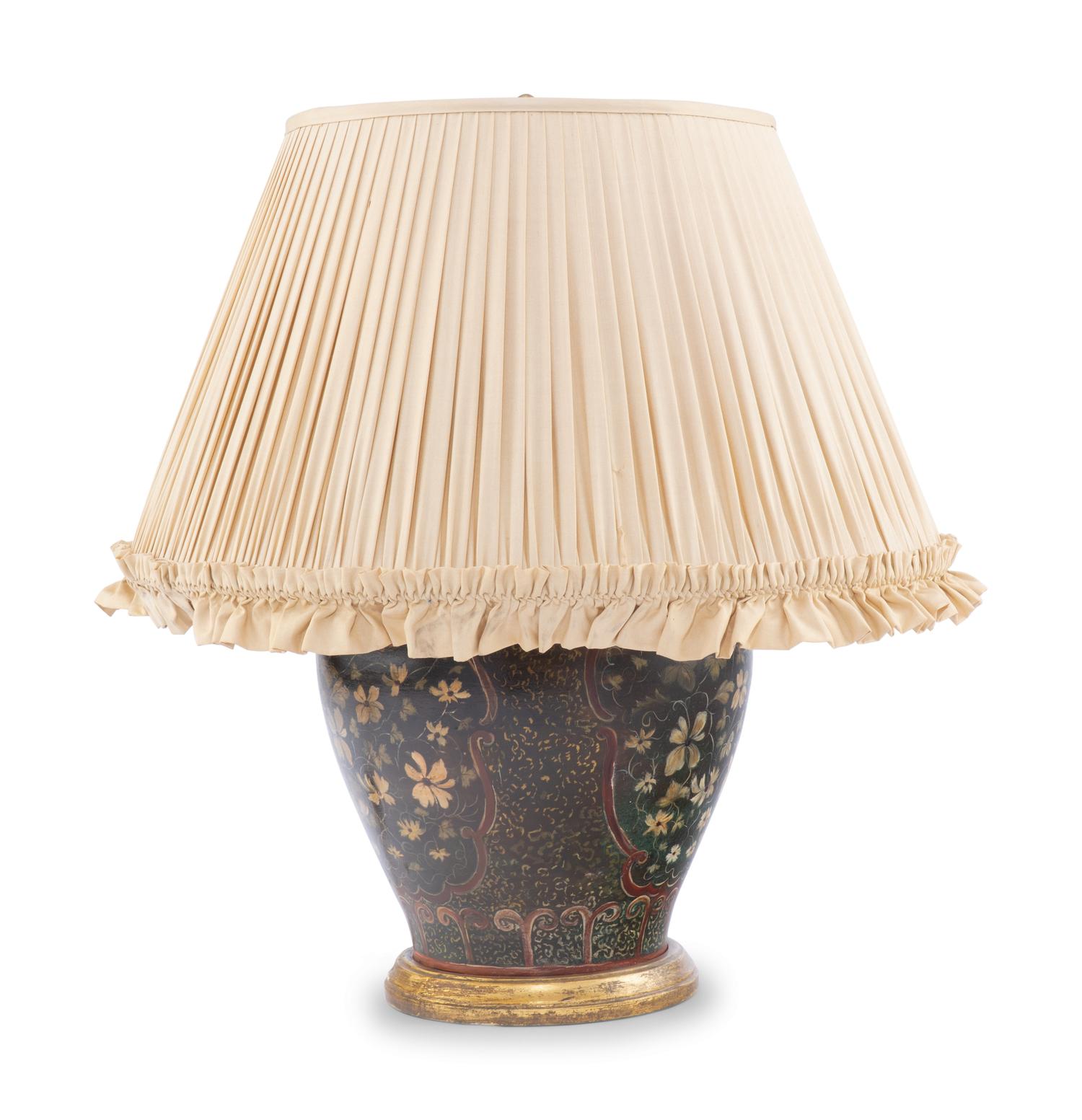 A Painted Tôle Vase Mounted as a Lamp