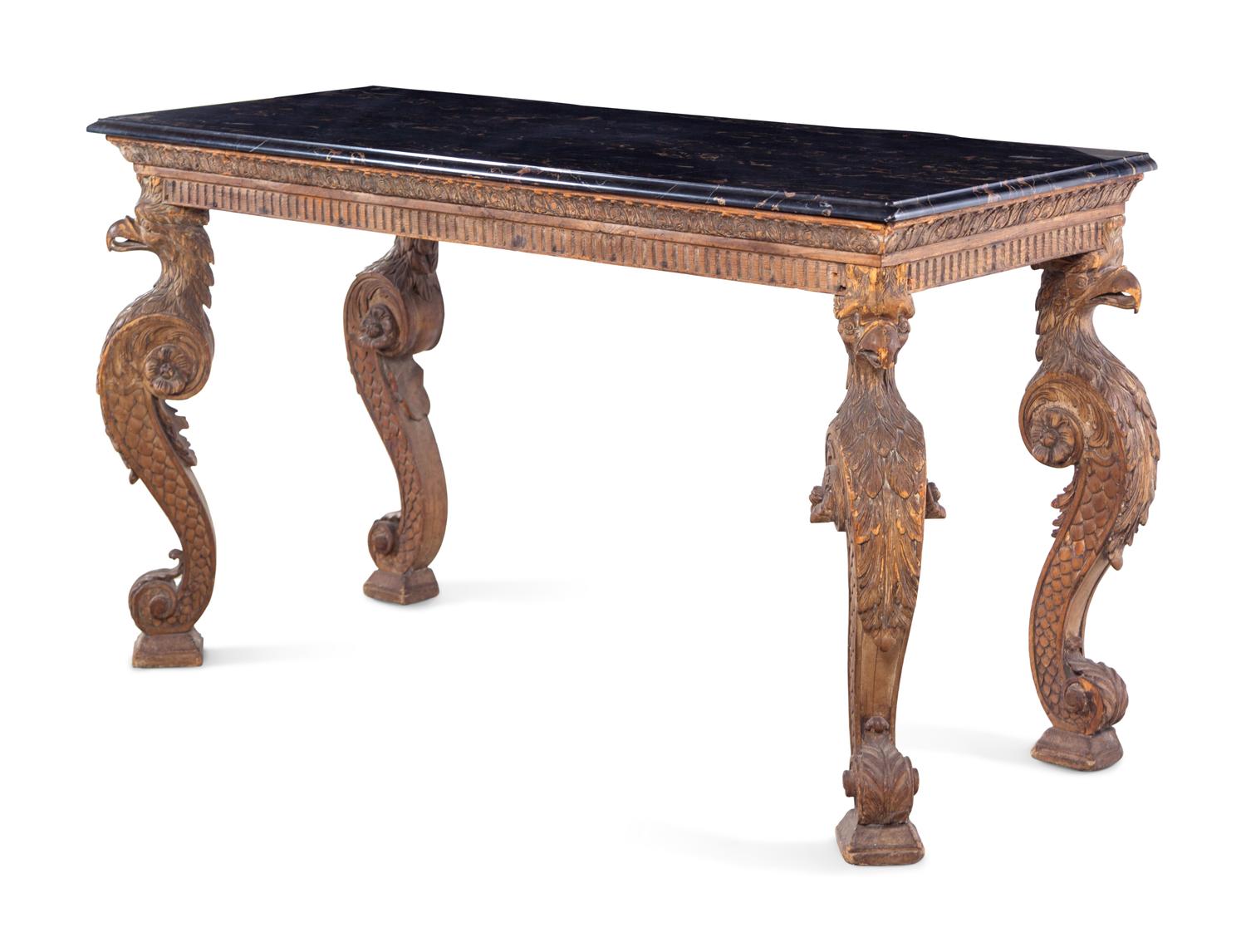 An Italian Carved Cerused Wood Marble-Top Console Table