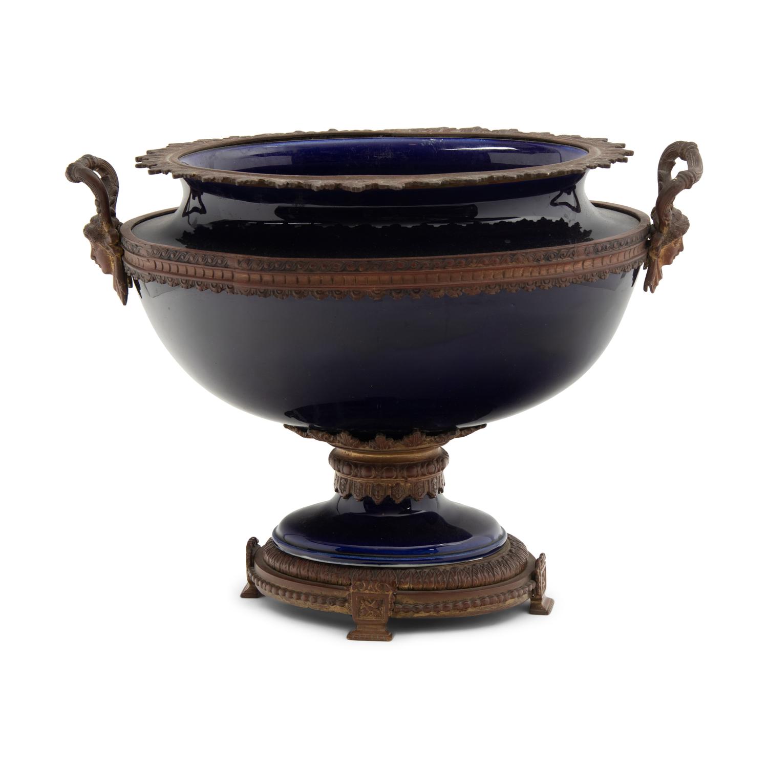 A French Gilt Metal Mounted Cobalt Earthenware Centerpiece