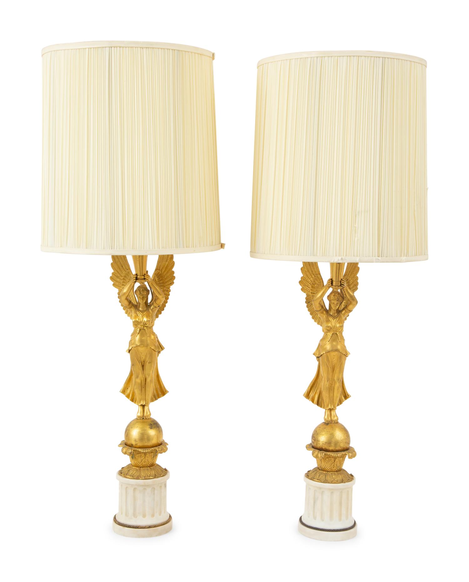 A Pair of Empire Style Gilt Bronze and White Marble Table Lamps