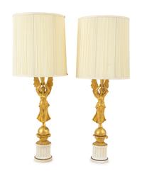 A Pair of Empire Style Gilt Bronze and White Marble Table Lamps