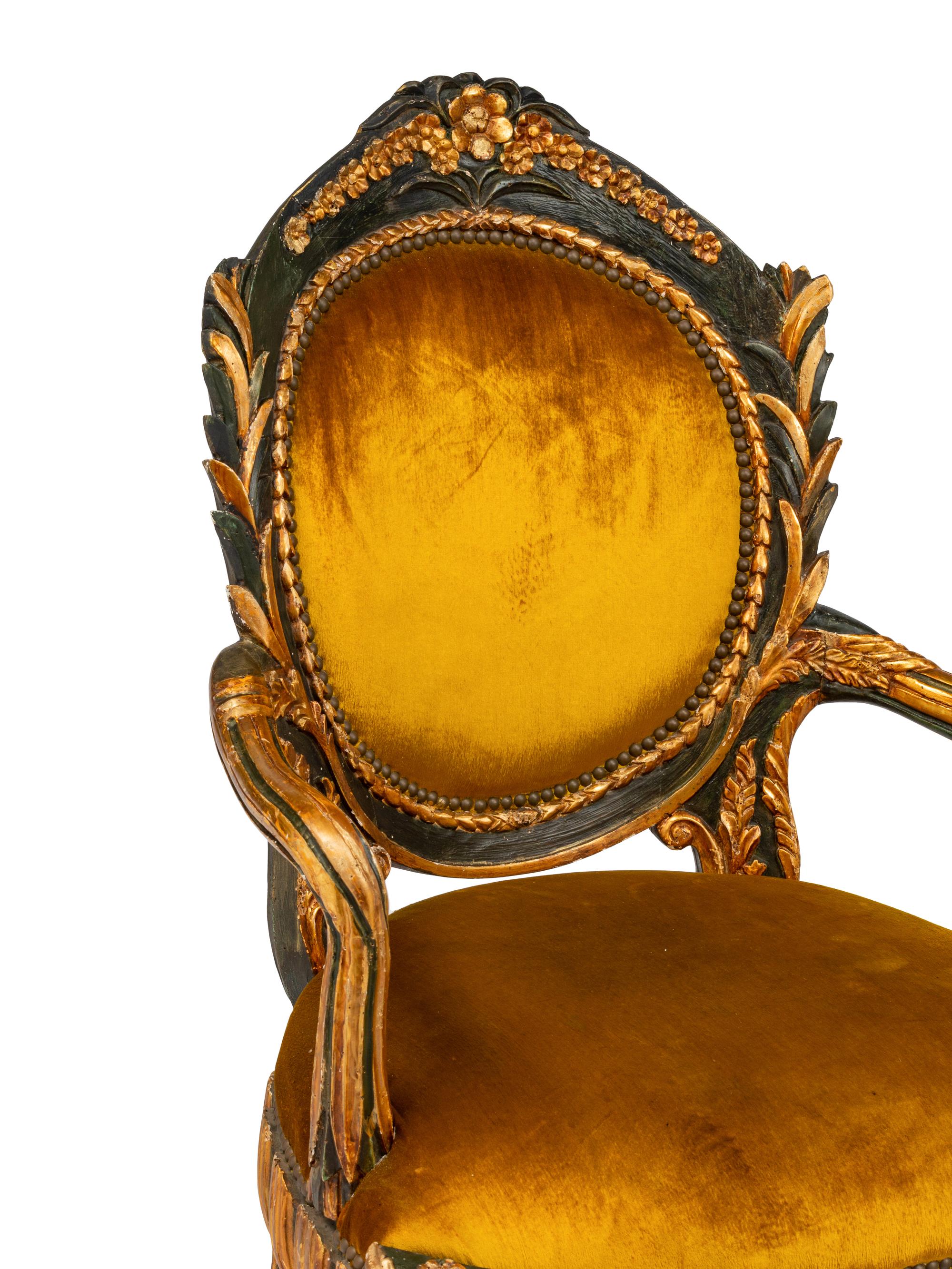 A Pair of Italian Grotto Style Painted and Parcel Gilt Armchairs