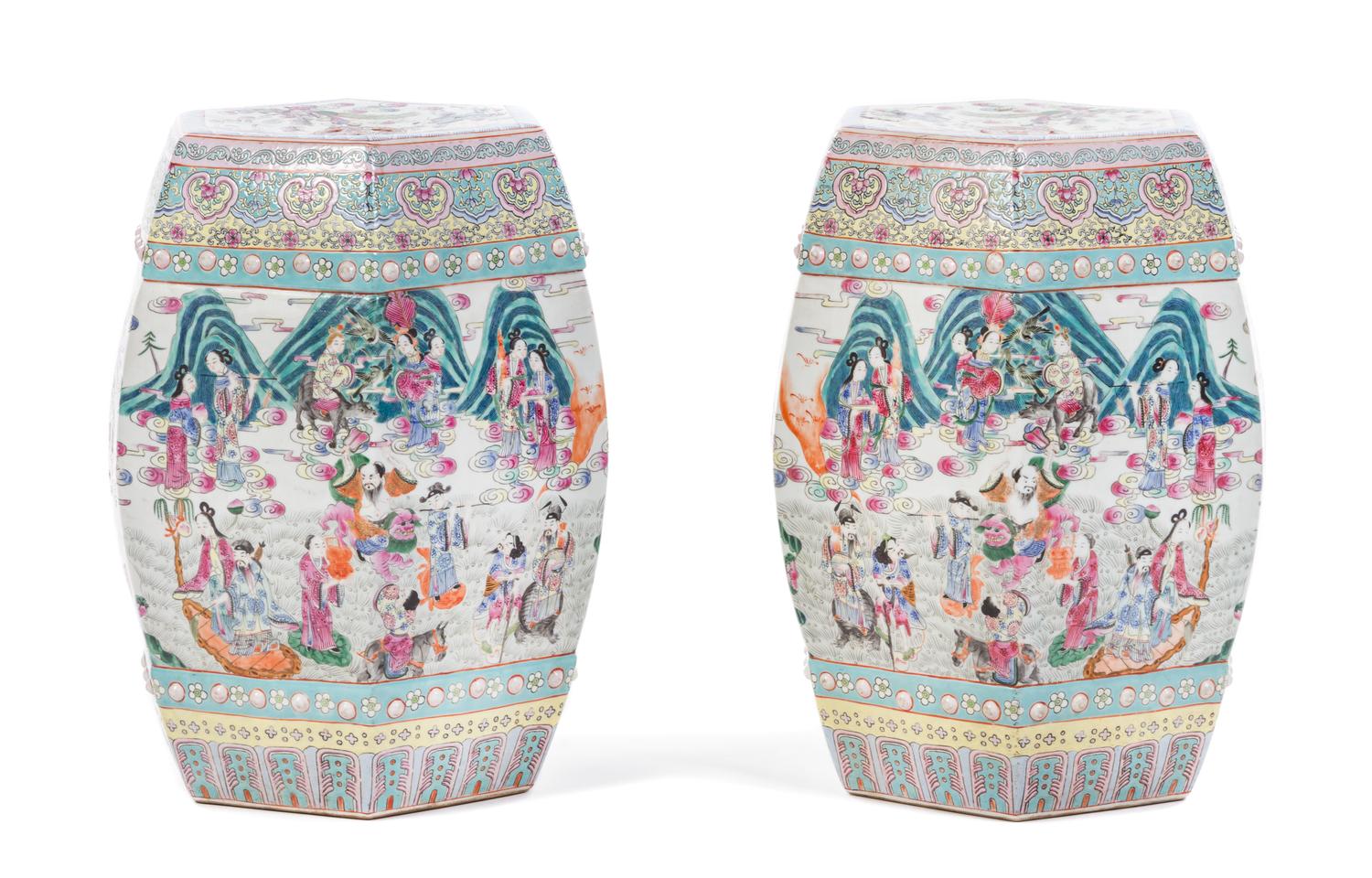 A Pair of Chinese Famille Rose Porcelain Garden Seats Height 19 inches.