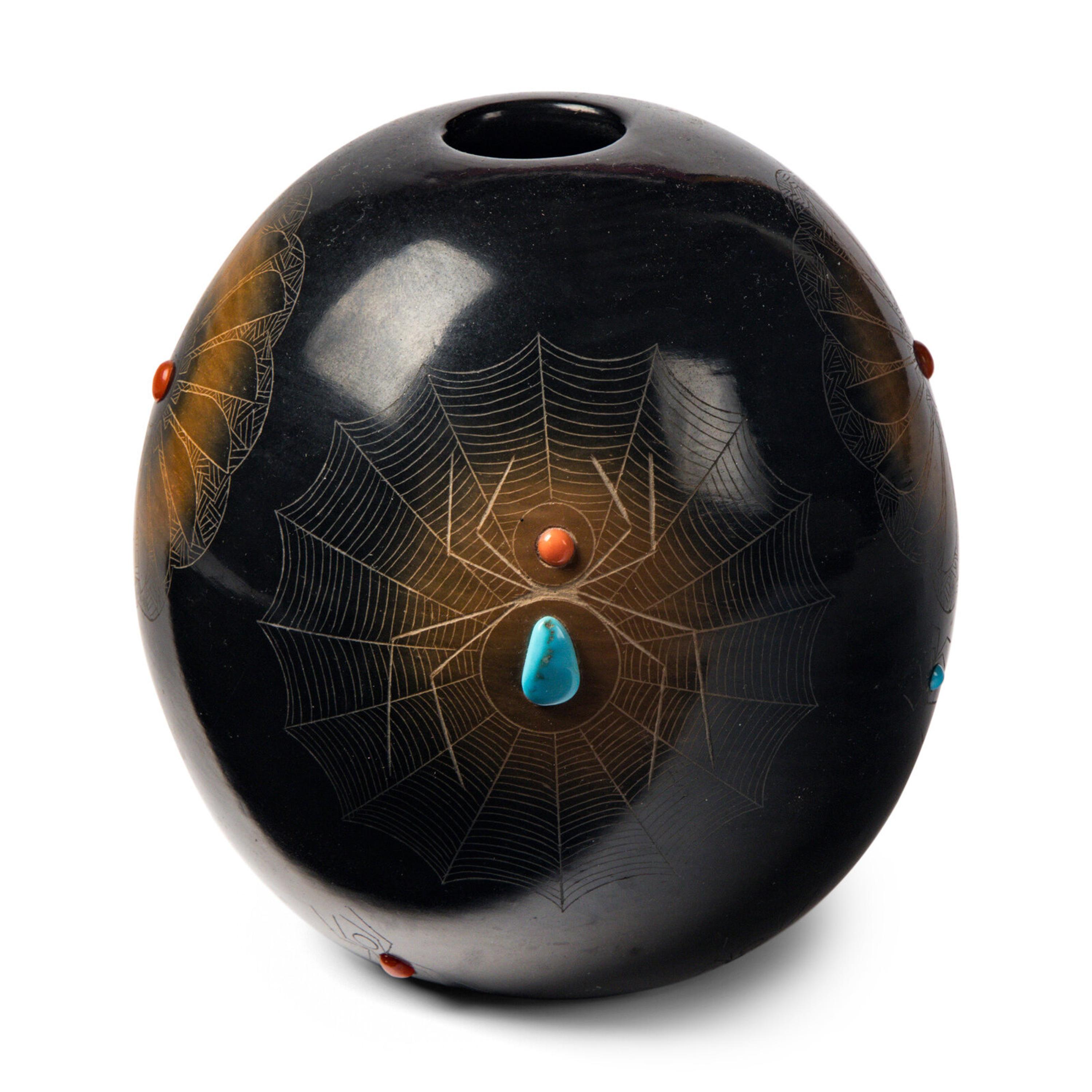 Barbara Gonzales, Tahn-Moo-Whe (Santa Clara, b. 1947) — Black and Sienna Pottery Jar, with Turquoise and Coral Beads