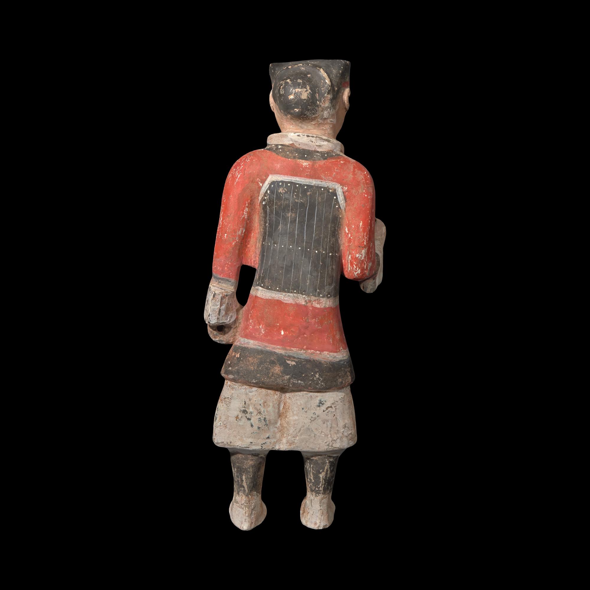A Chinese Painted Pottery Figure of a Standing Warrior, Probably Han Dynasty 漢 彩繪灰陶武士俑
