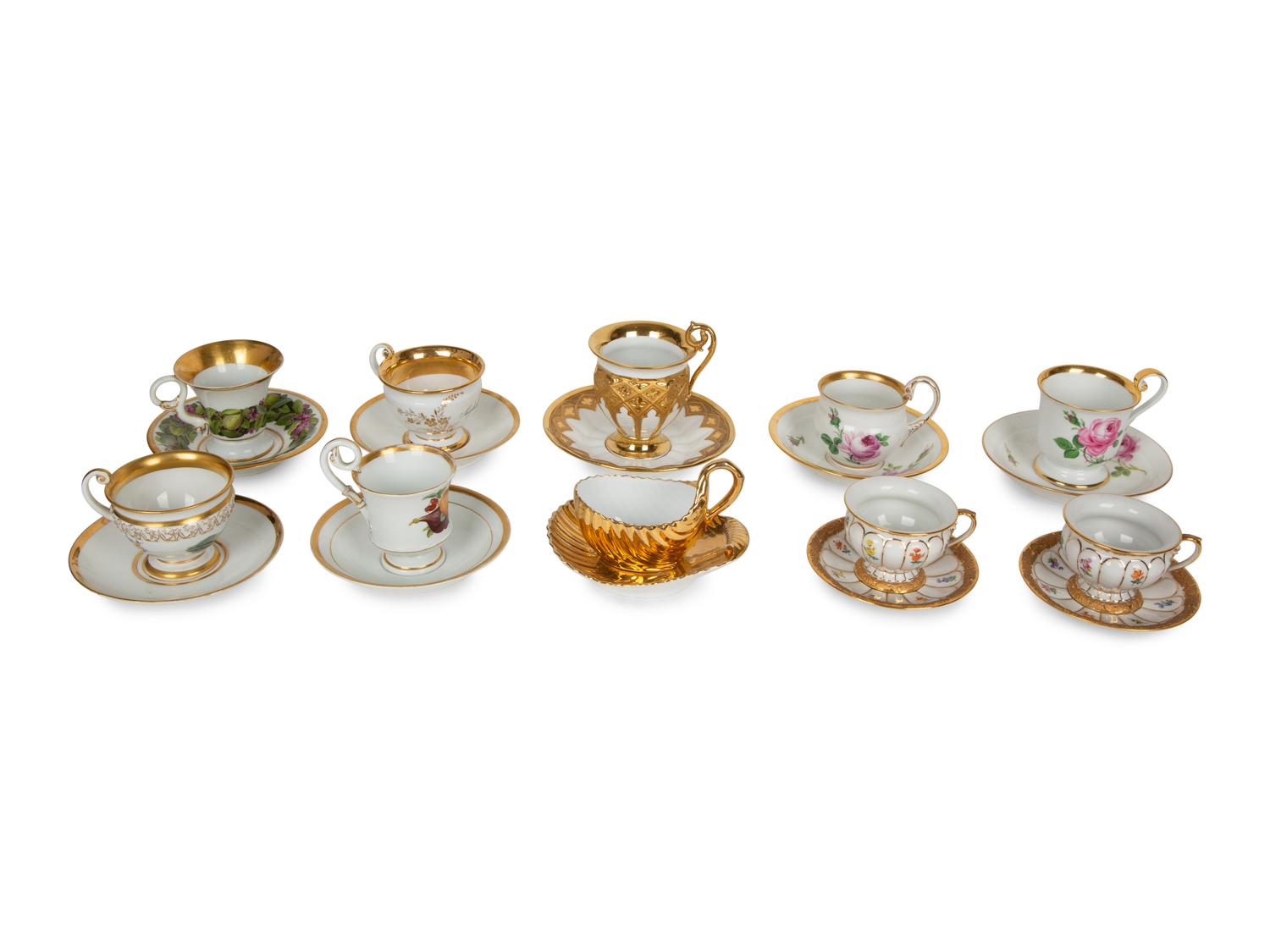 Ten Meissen and Style of Porcelain Teacups and Saucers — 19TH/20TH CENTURY