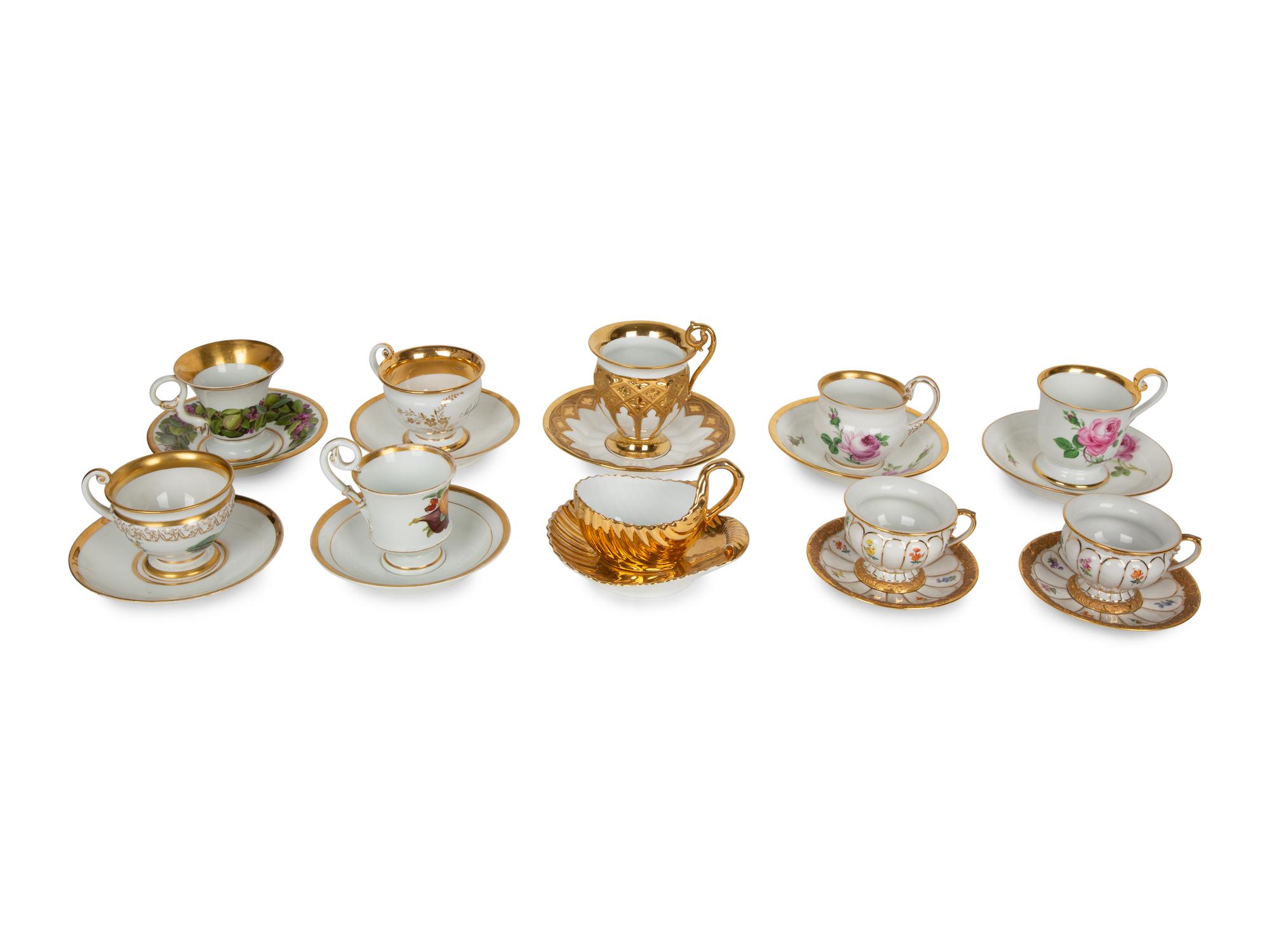 Ten Meissen and Style of Porcelain Teacups and Saucers — 19TH/20TH CENTURY