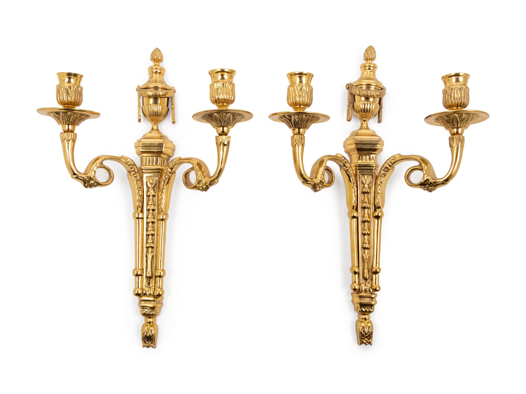 A Pair of Louis XVI Style Gilt Metal Two-Light Sconces
