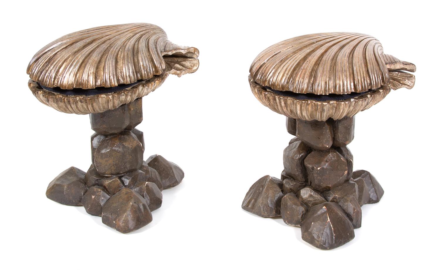 A Pair of Venetian Carved and Silvered Wood Grotto Scallop Shell-form Hinged Chairs Height closed 21 inches, open 32 1/2 inches. — 19TH CENTURY