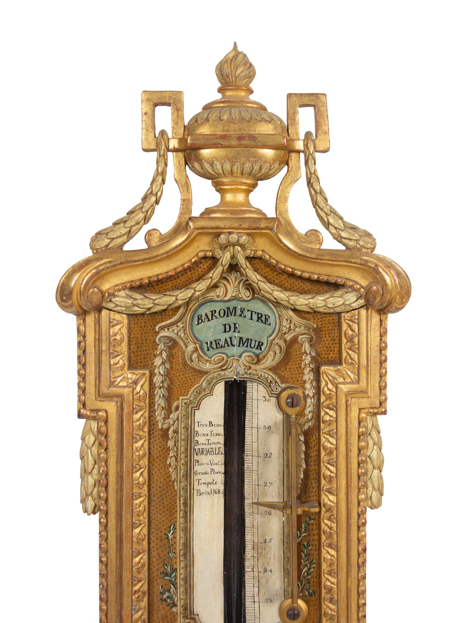 A Louis XVI Painted and Parcel Gilt Barometer and Thermometer