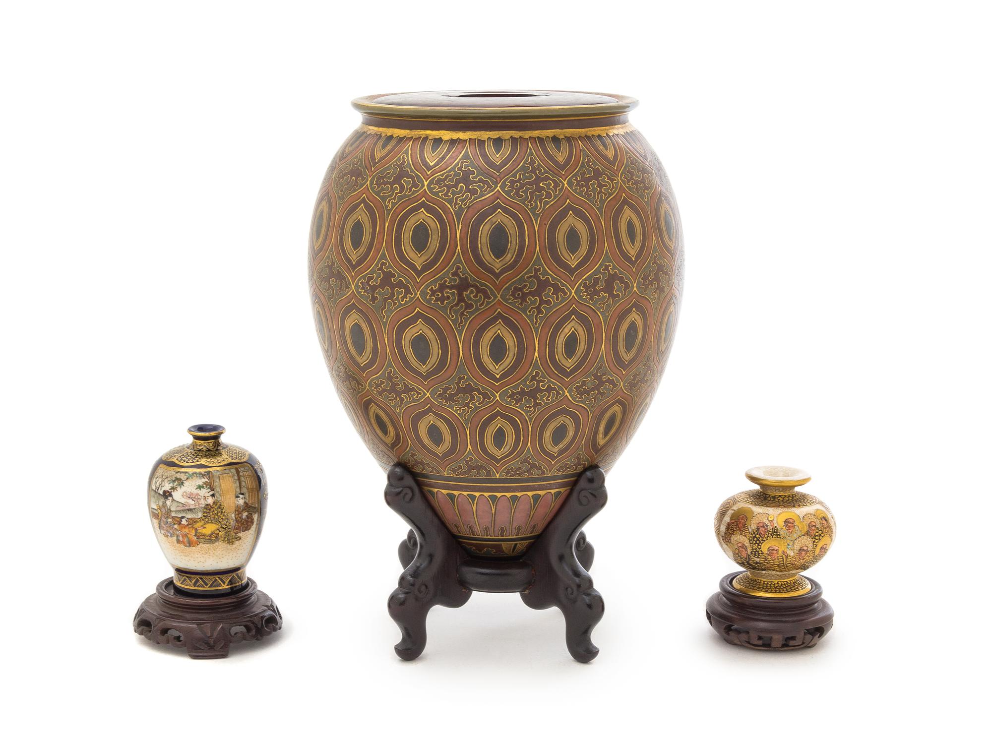 Three Satsuma Vases Height of largest 6 1/2 inches.