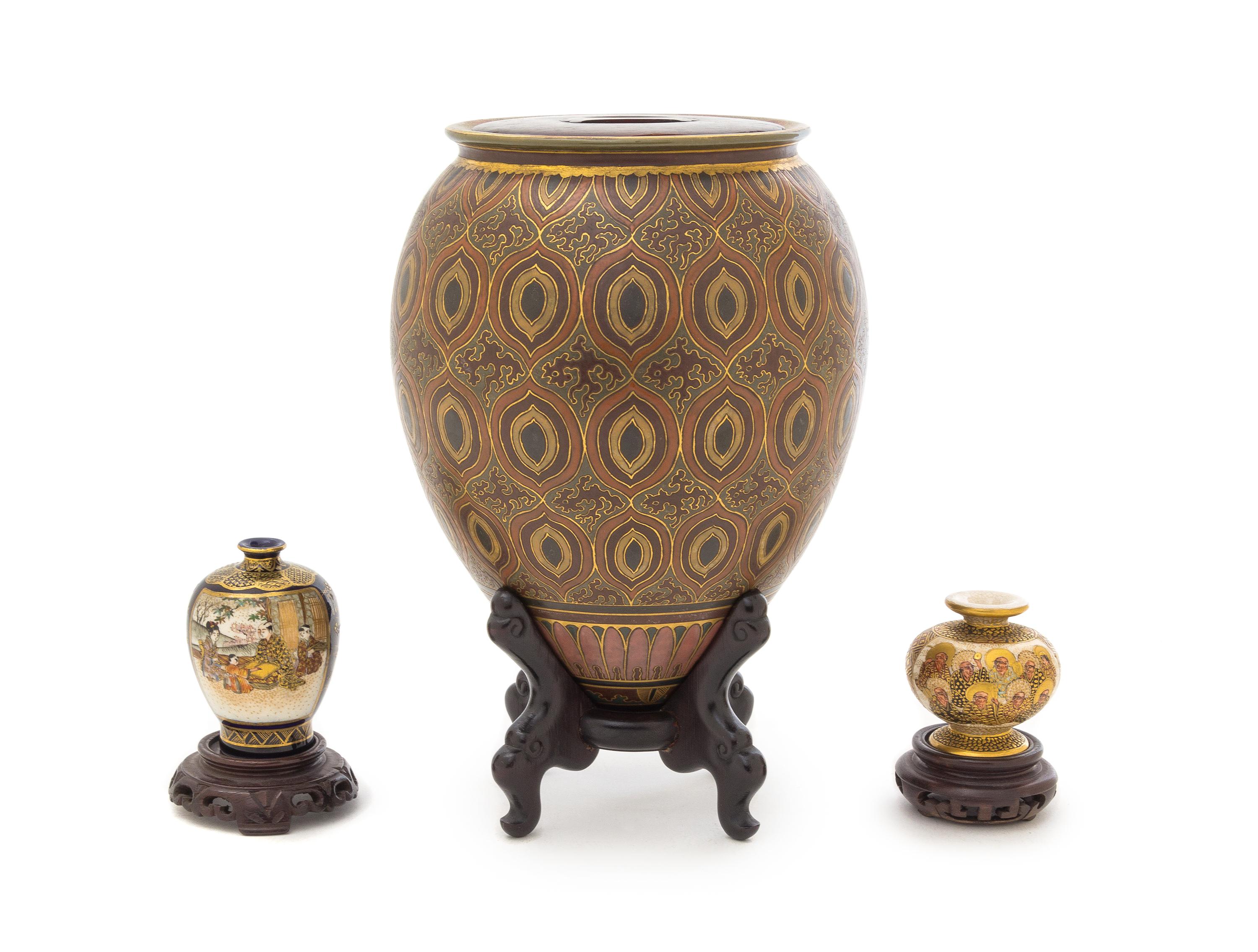 Three Satsuma Vases Height of largest 6 1/2 inches.