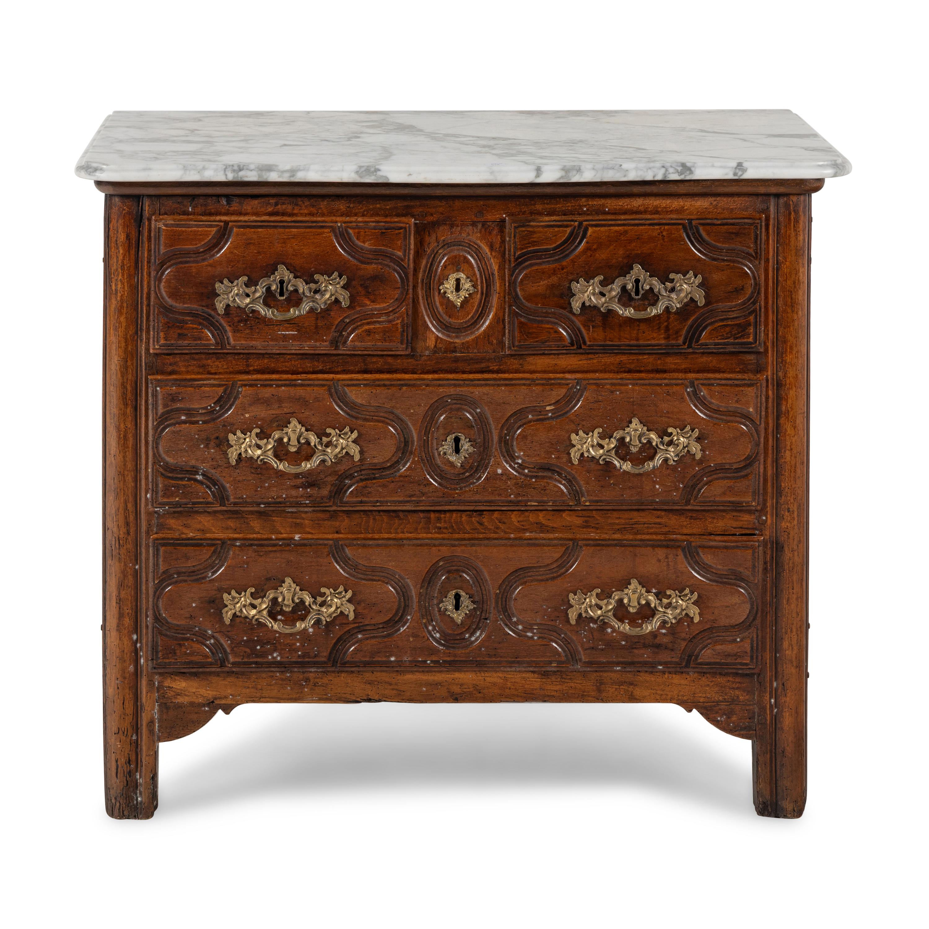 A Louis XV Walnut Marble-Top Commode