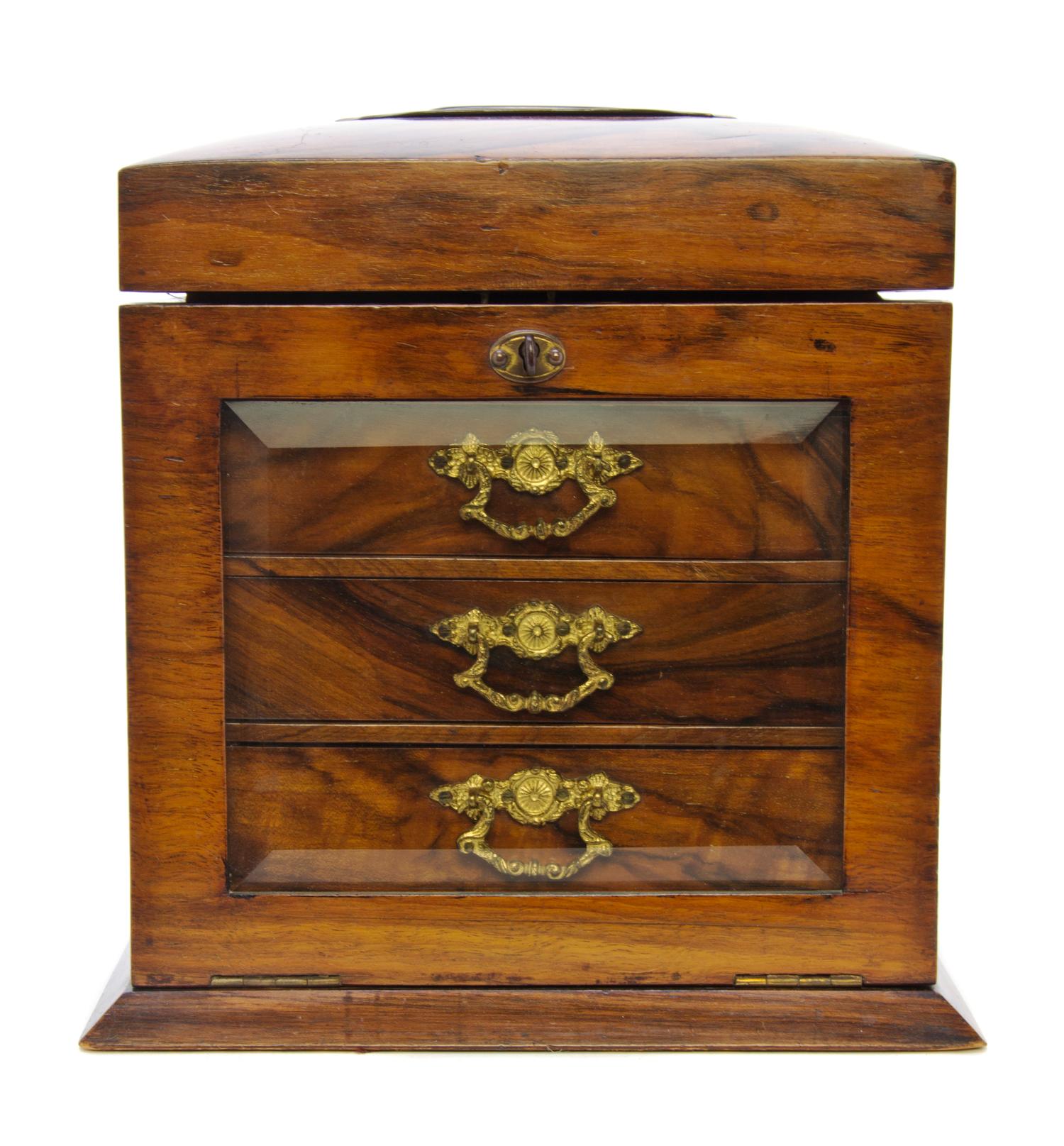 A Regency Gilt Metal Mounted Calamander Jewelry Box, Height 9 1/2 inches.