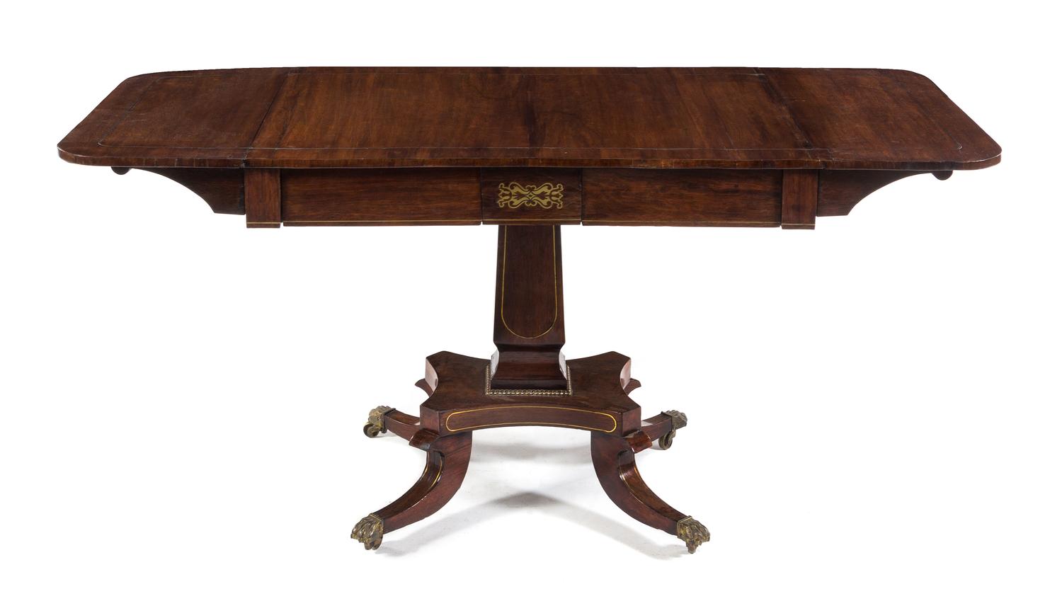 A Regency Brass Inlaid Sofa Table Height 28 1/4 x width 35 1/2 inches (closed). — 19TH CENTURY