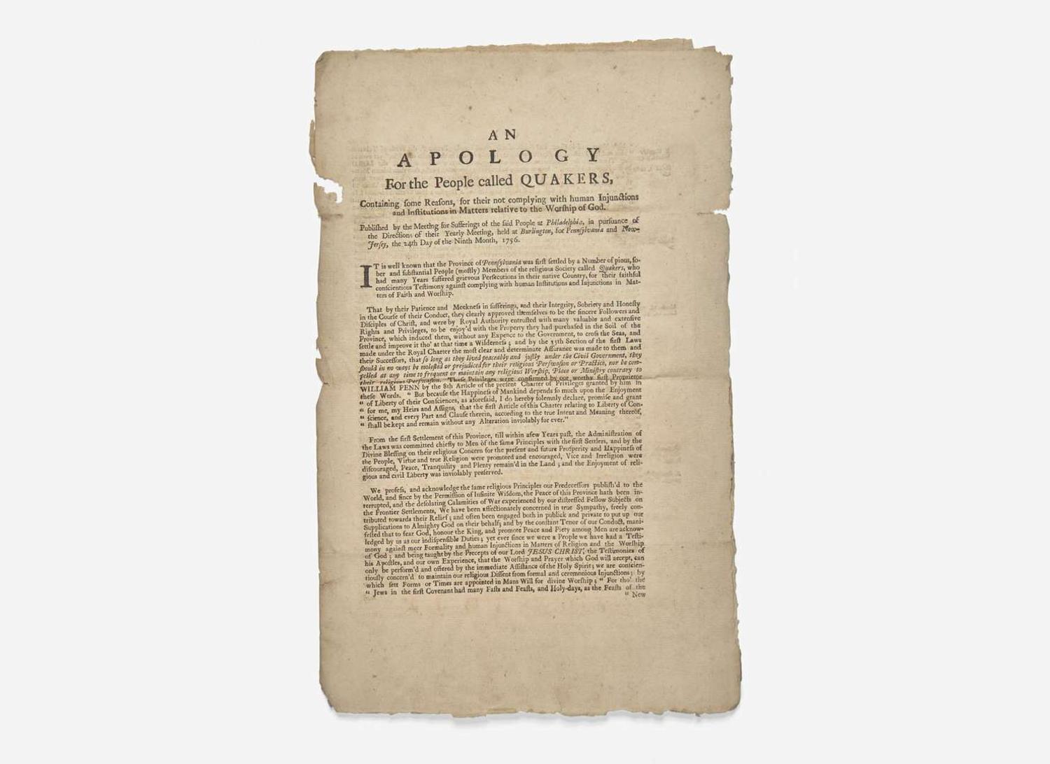 [Americana] [Quakers] Pemberton, James: An Apology For the People called Quakers...