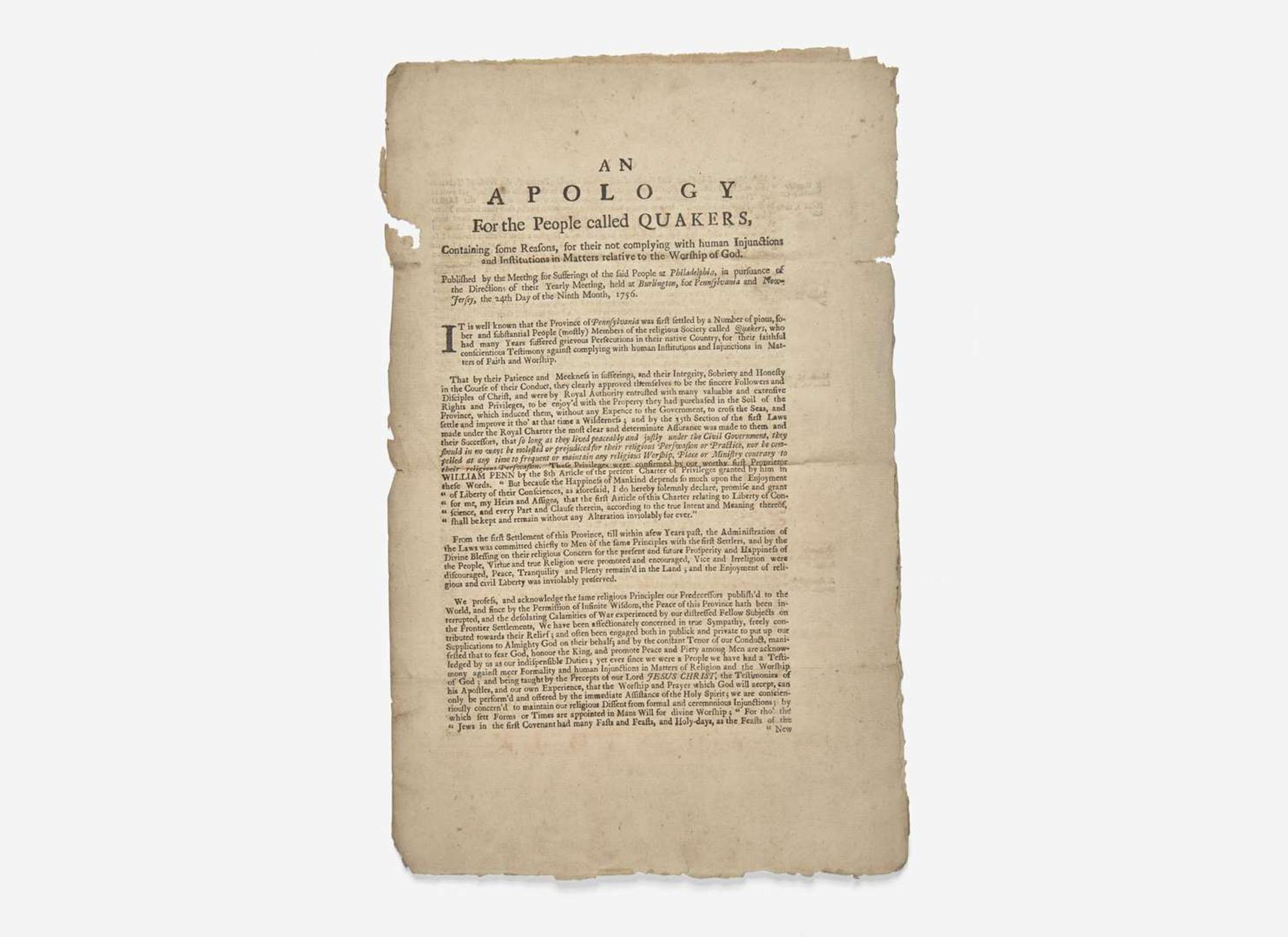 [Americana] [Quakers] Pemberton, James: An Apology For the People called Quakers...